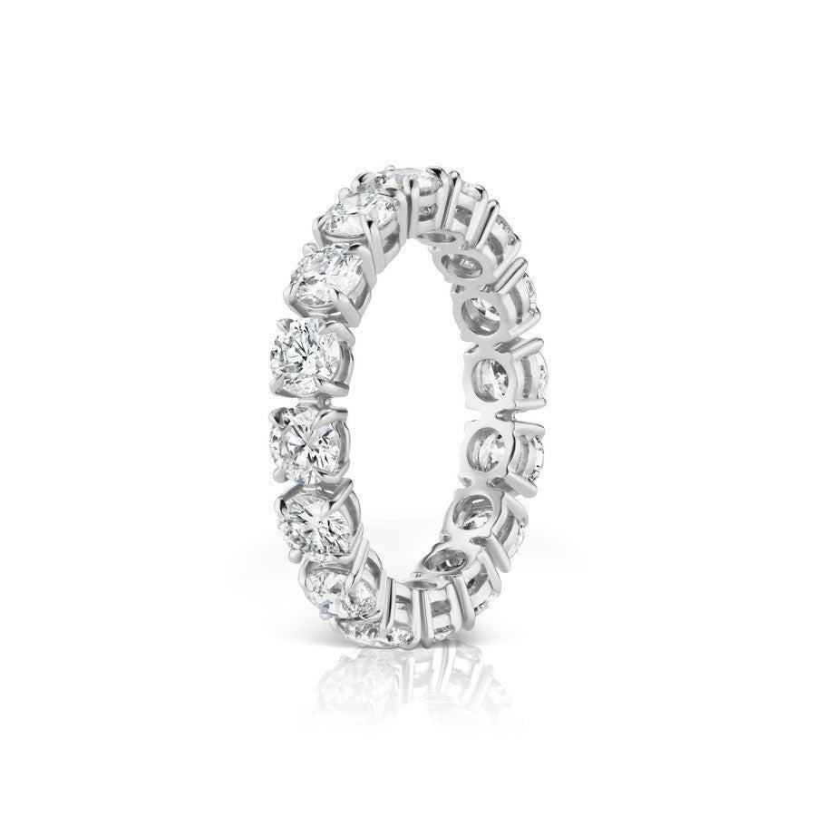 This beautiful and understated Ring features White Diamonds.
16 White Diamonds weigh 3.76 Carats.
Diamonds are of F color and VS Clarity.
Set in Platinum.
Finger Size 6.5.
Pictured as stackable too.