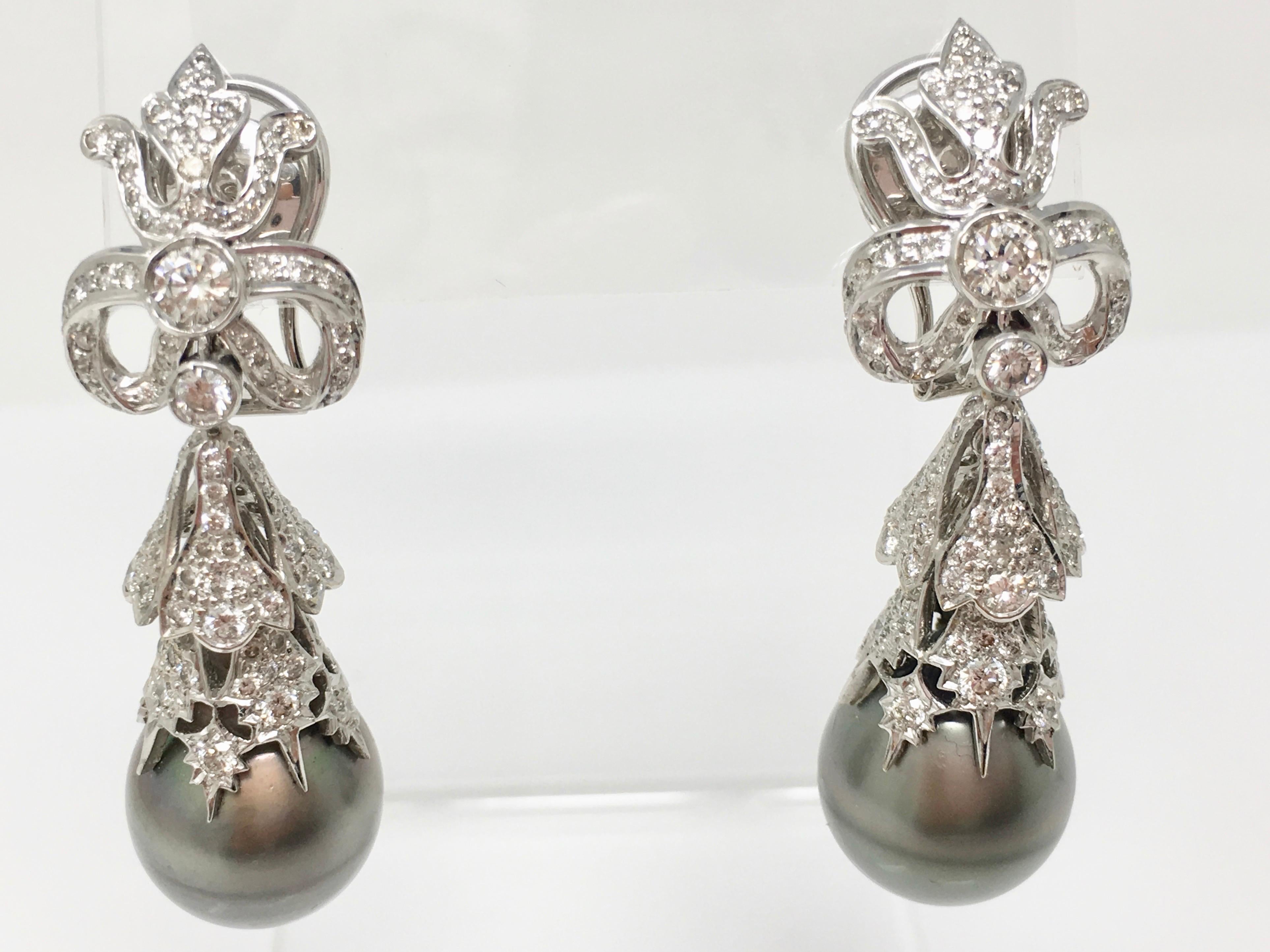 Round Cut 3.76 Carat White Round Brilliant Diamonds and South Sea Pearl Earrings in 18k