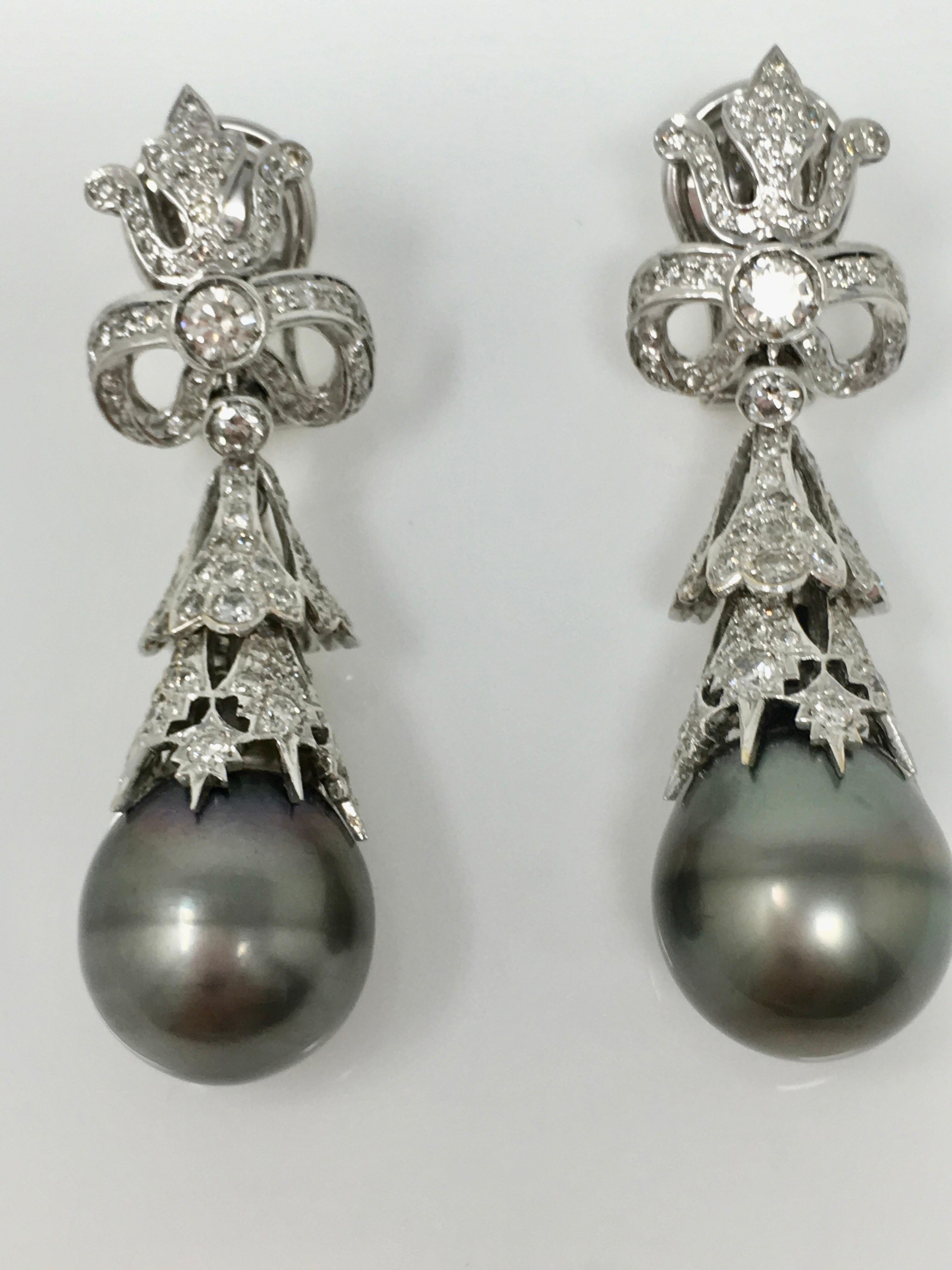 Women's 3.76 Carat White Round Brilliant Diamonds and South Sea Pearl Earrings in 18k