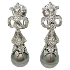 3.76 Carat White Round Brilliant Diamonds and South Sea Pearl Earrings in 18k