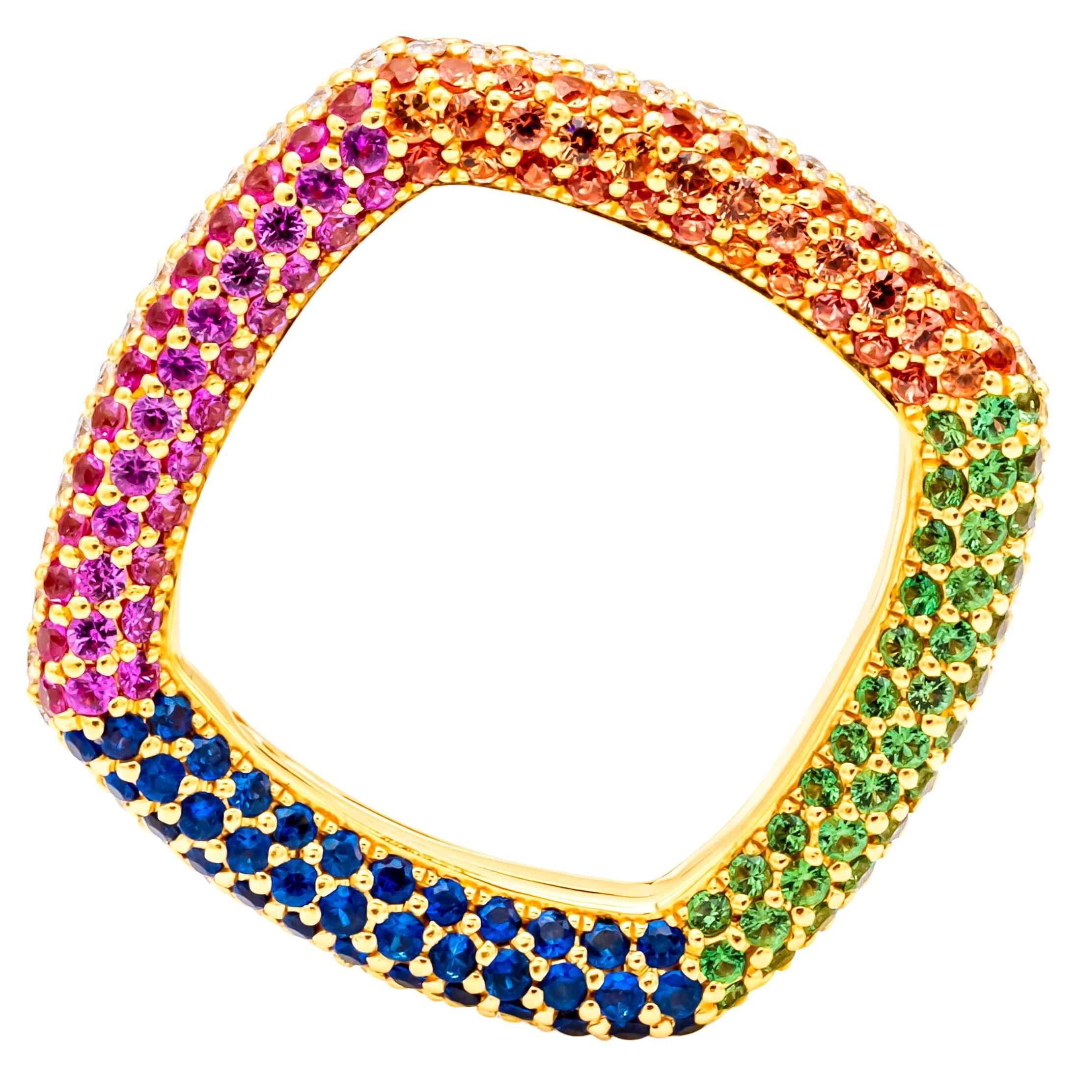 Bague à la mode carrée pavée de diamants ronds et de pierres précieuses multicolores de 3,76 carats au total
