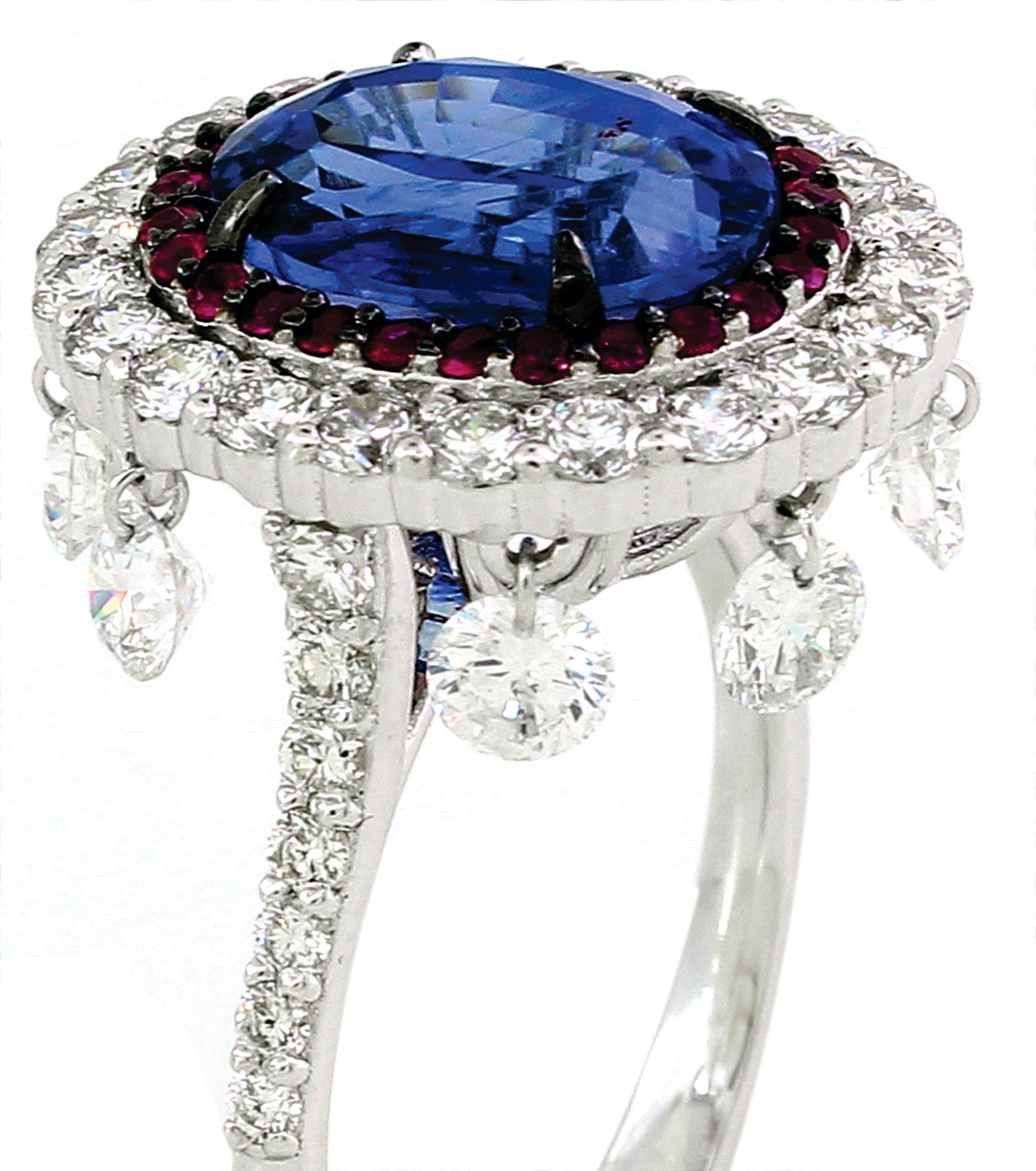 Modern 3.76 cts of Kyanite and Ruby and 1.76 cts of Diamond Ring For Sale