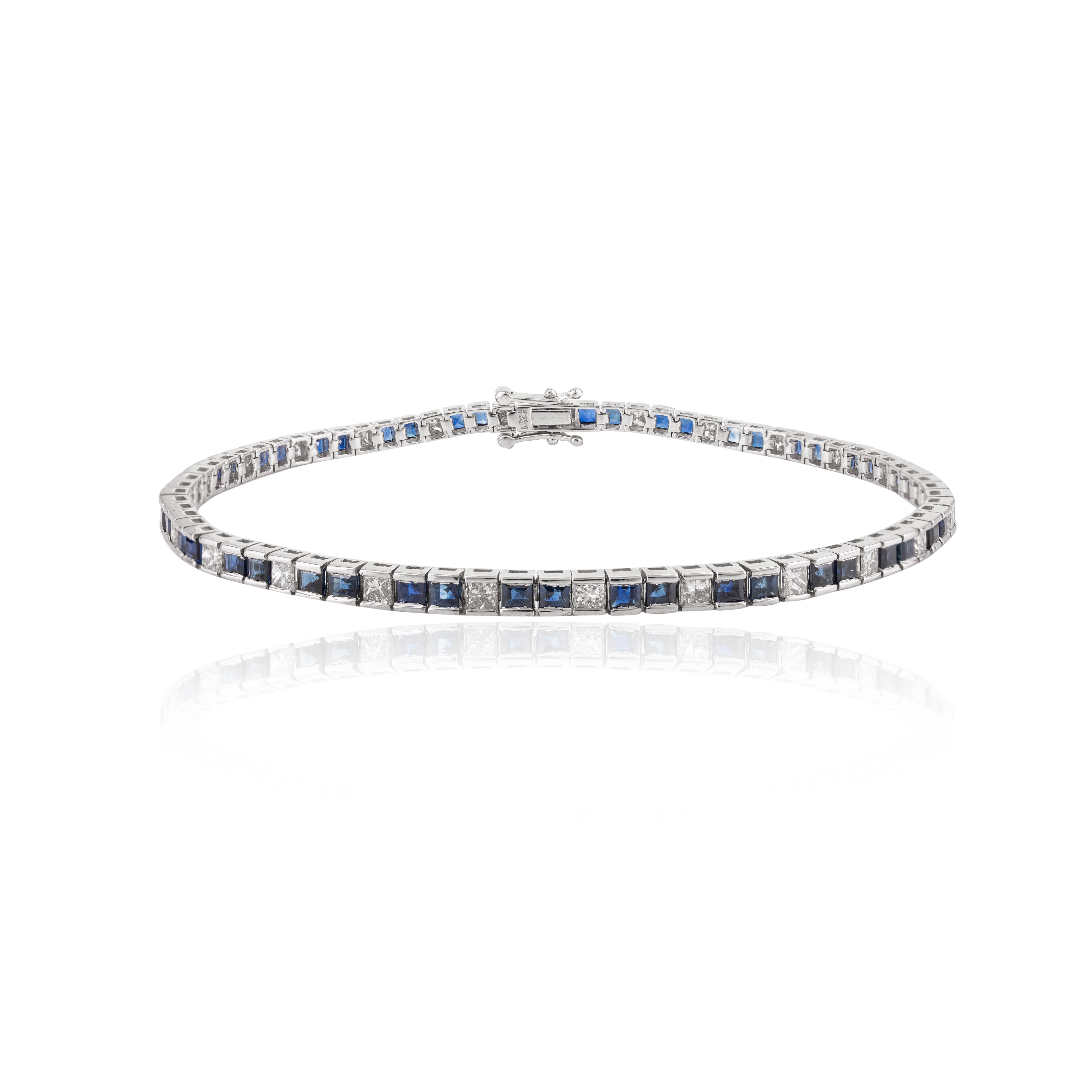 This Natural Blue Sapphire Diamond Tennis Bracelet in 18K gold showcases endlessly sparkling natural blue sapphire of 3.76 carats and 1.72 carats diamonds. It measures 7.5 inches long in length. 
Sapphire stimulates concentration and reduces stress.