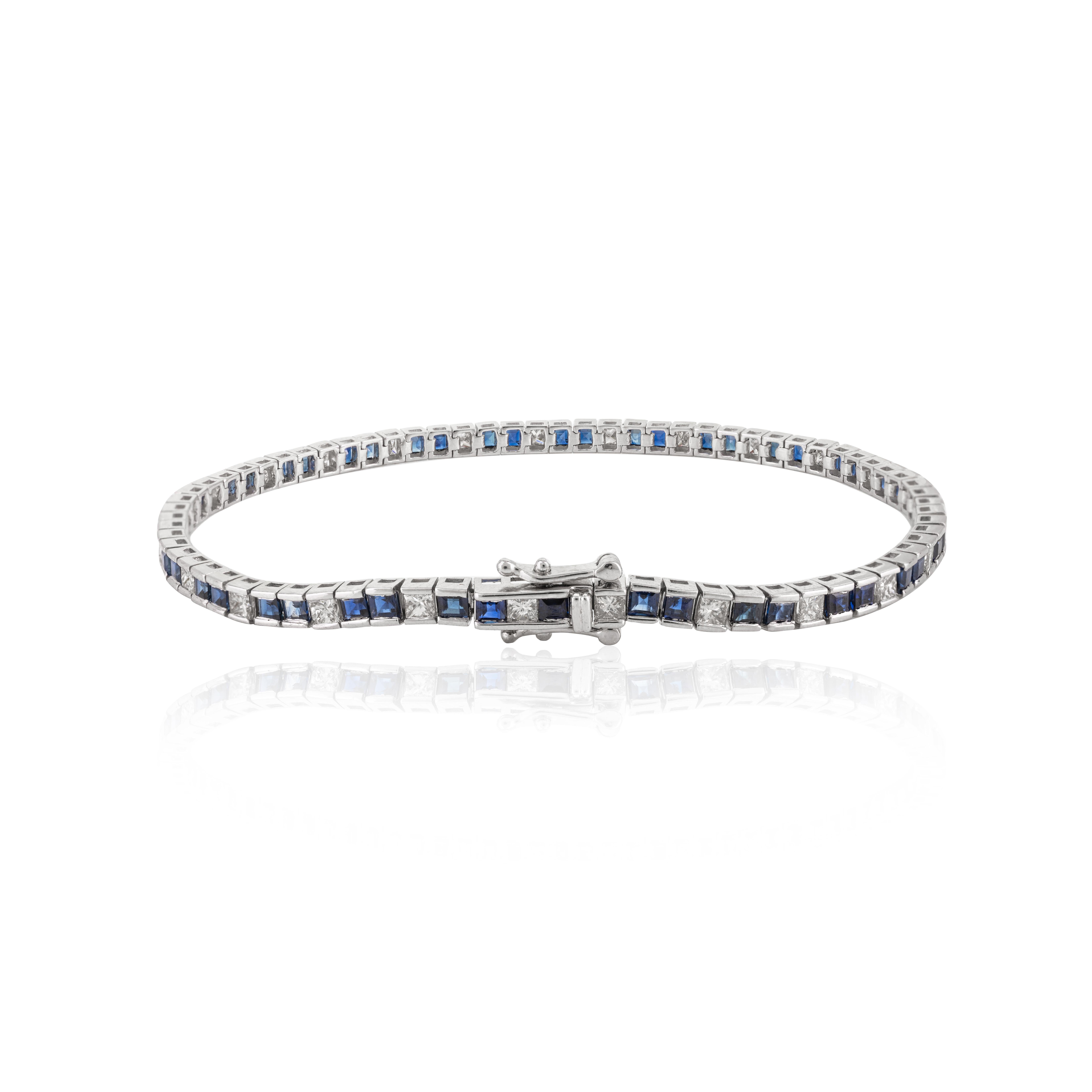 Women's 3.76 CTW Natural Blue Sapphire Diamond Tennis Bracelet in 18 Karat White Gold For Sale
