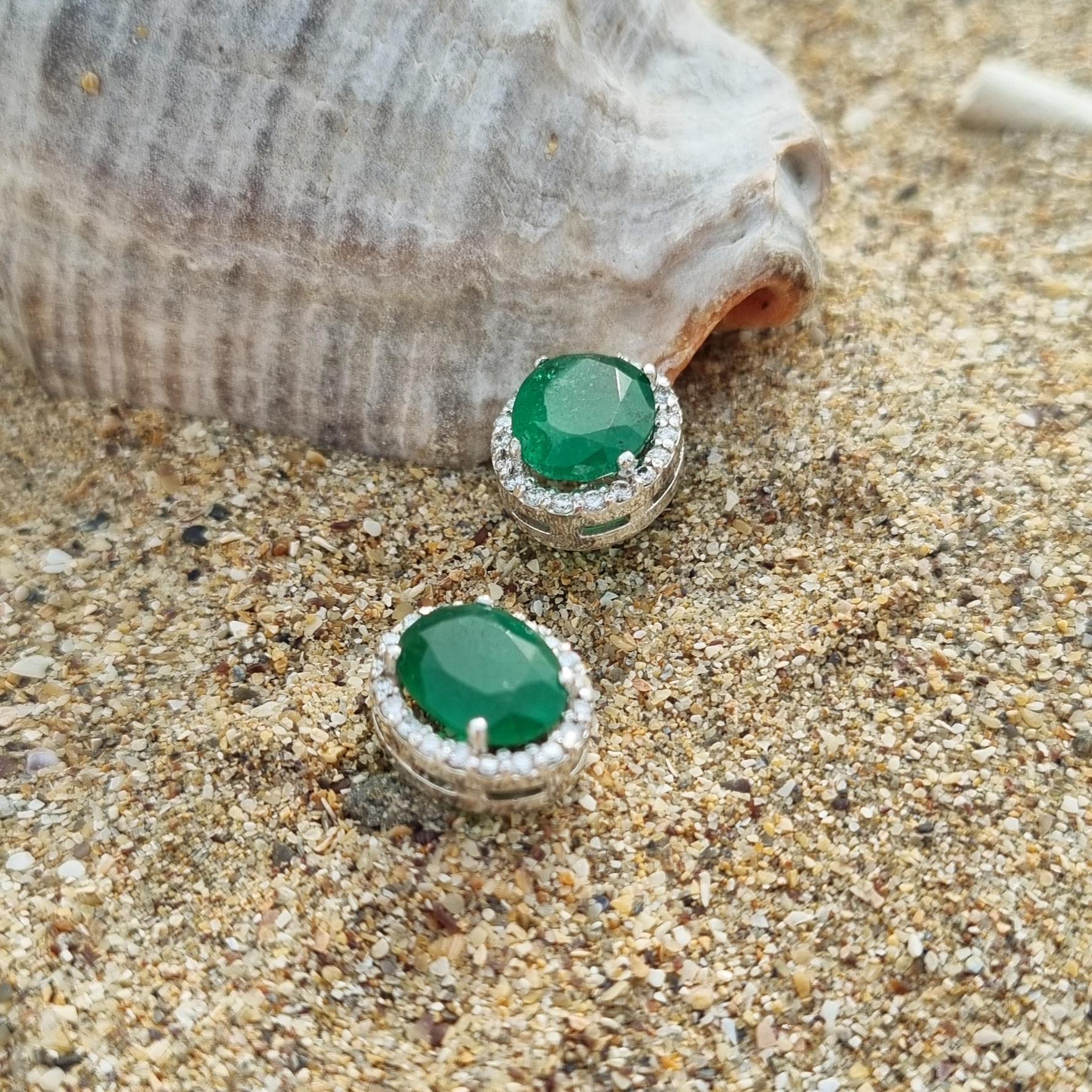 Women's or Men's 3.76 Halo Emerald and Diamonds Stud Earrings For Sale