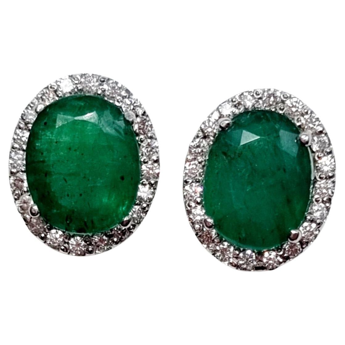 3.76 Halo Emerald and Diamonds Stud Earrings For Sale