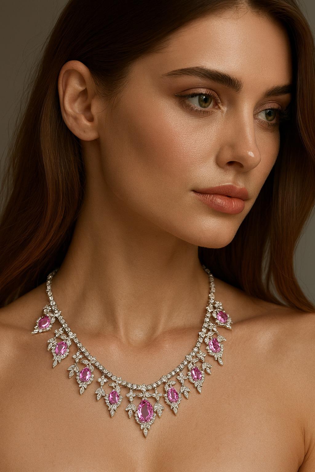 37,61 carati di zaffiro rosa naturale e collana di diamanti In condizioni ottime in vendita a Chicago, IL