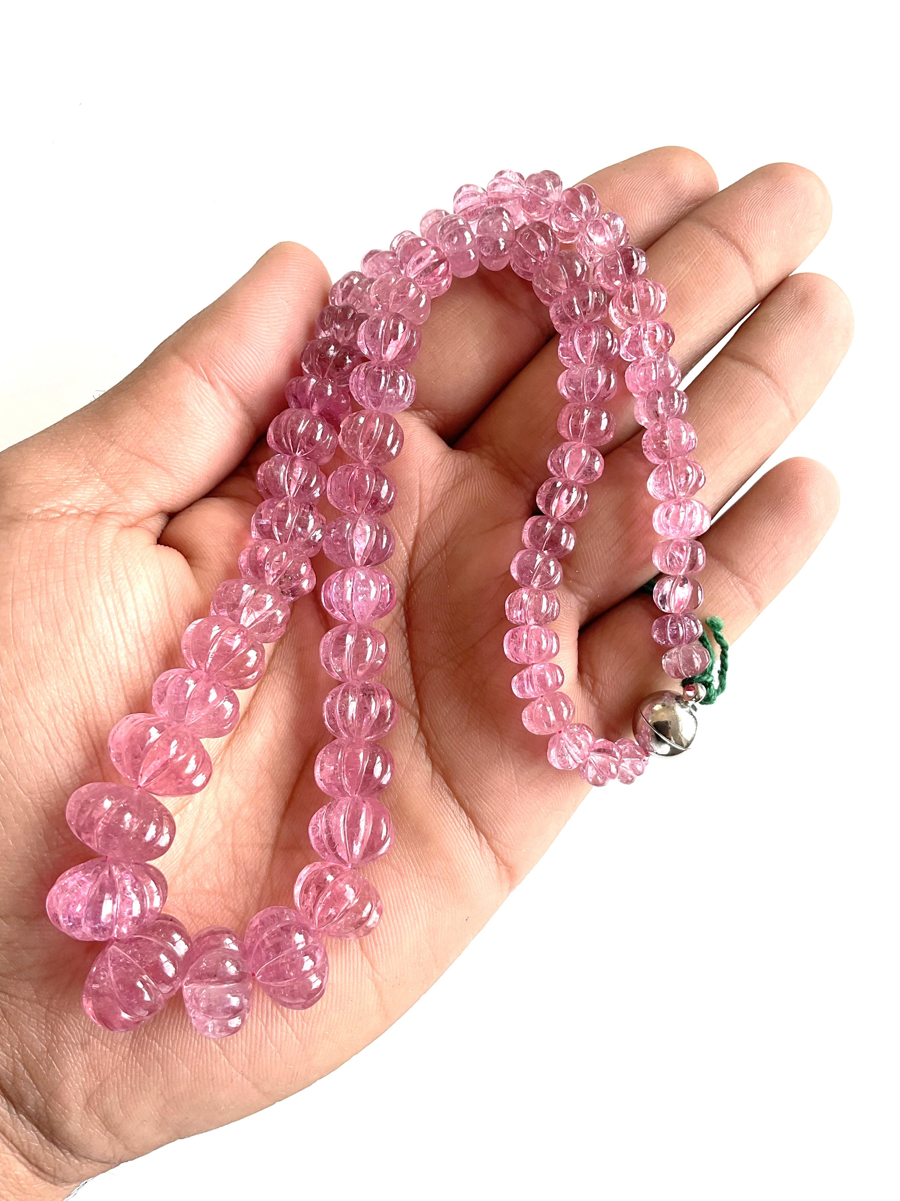 Women's or Men's 356.00 Carats pink Tourmaline carved melon beads necklace Jewelry Natural Gem For Sale