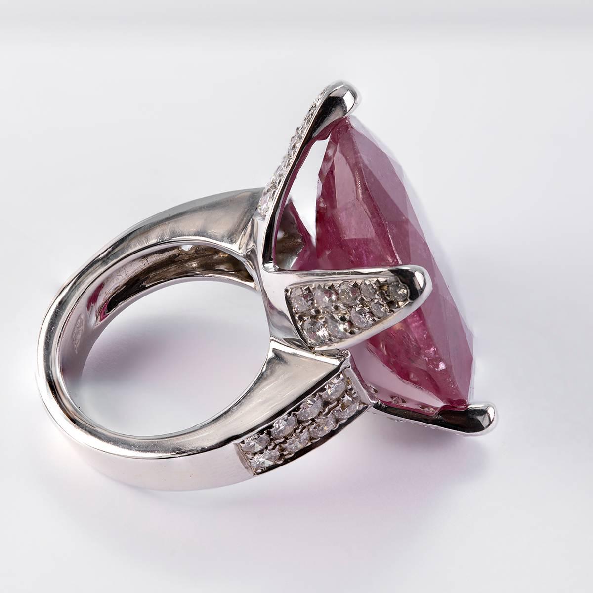 Oval Cut 37.66 Carat Ruby and Diamond 18 Karat White Gold Cocktail Ring For Sale