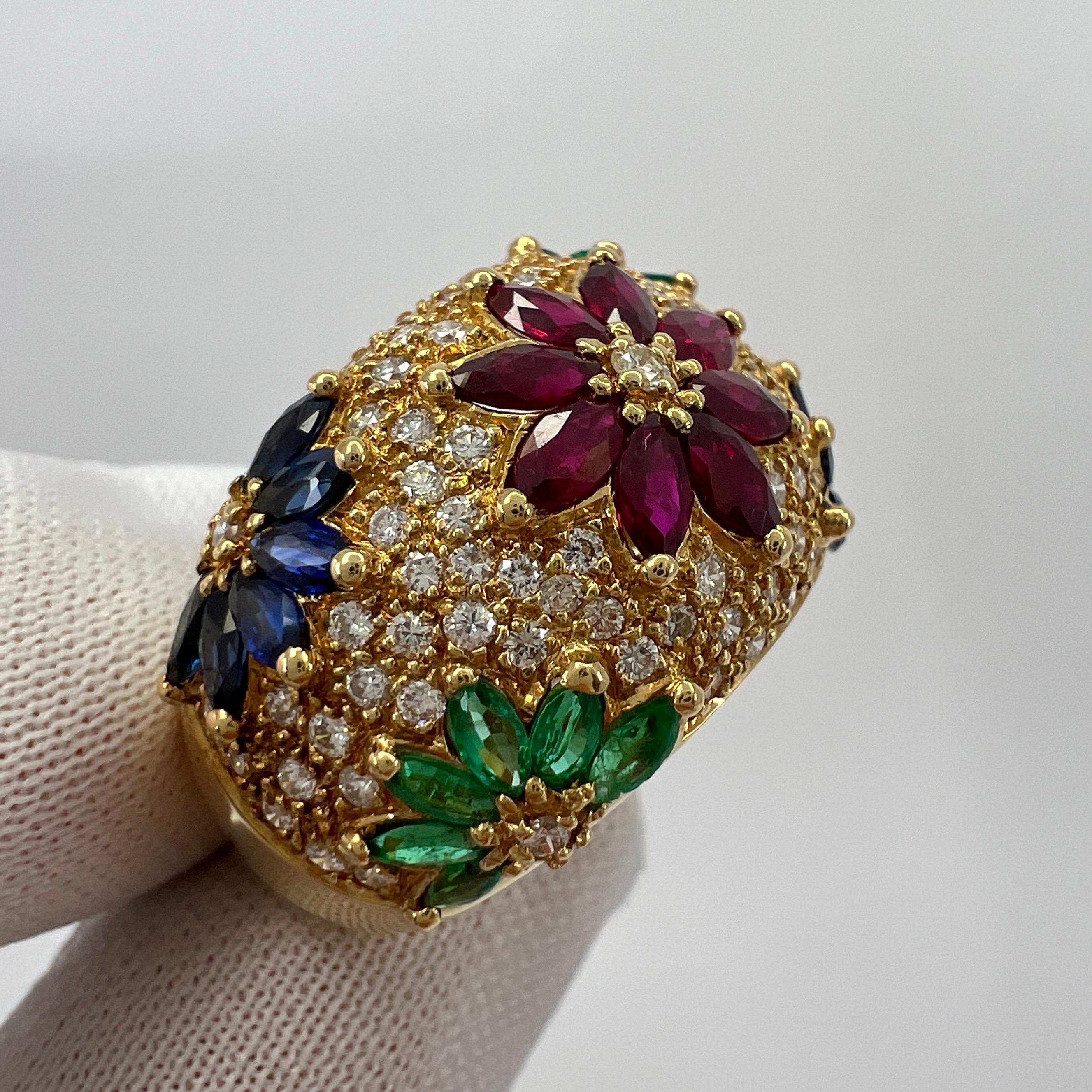 3.76ct Fine Tutti Frutti Ruby Sapphire Emerald Diamond 18k Yellow Gold Dome Ring 5