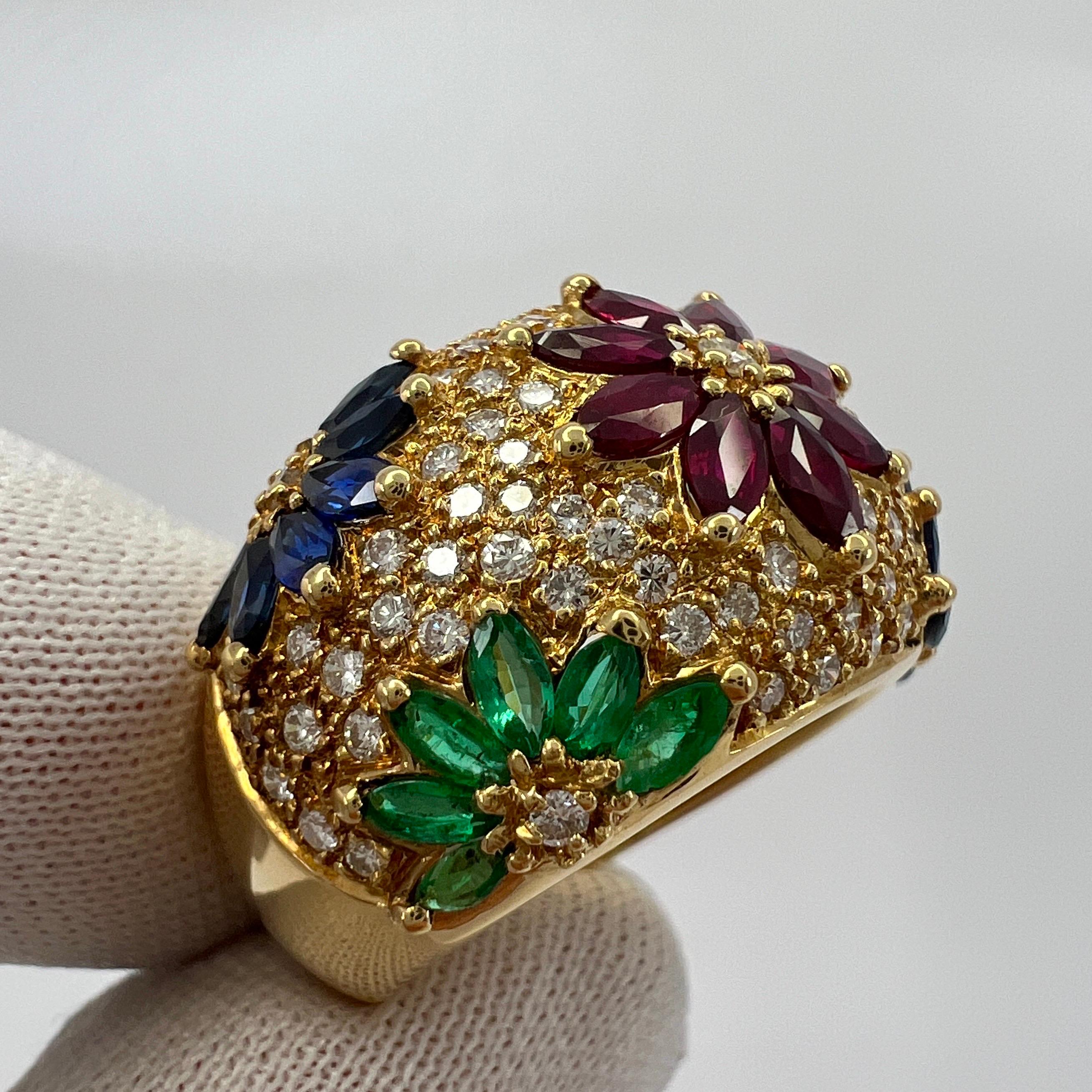 3.76ct Fine Tutti Frutti Ruby Sapphire Emerald Diamond 18k Yellow Gold Dome Ring 7