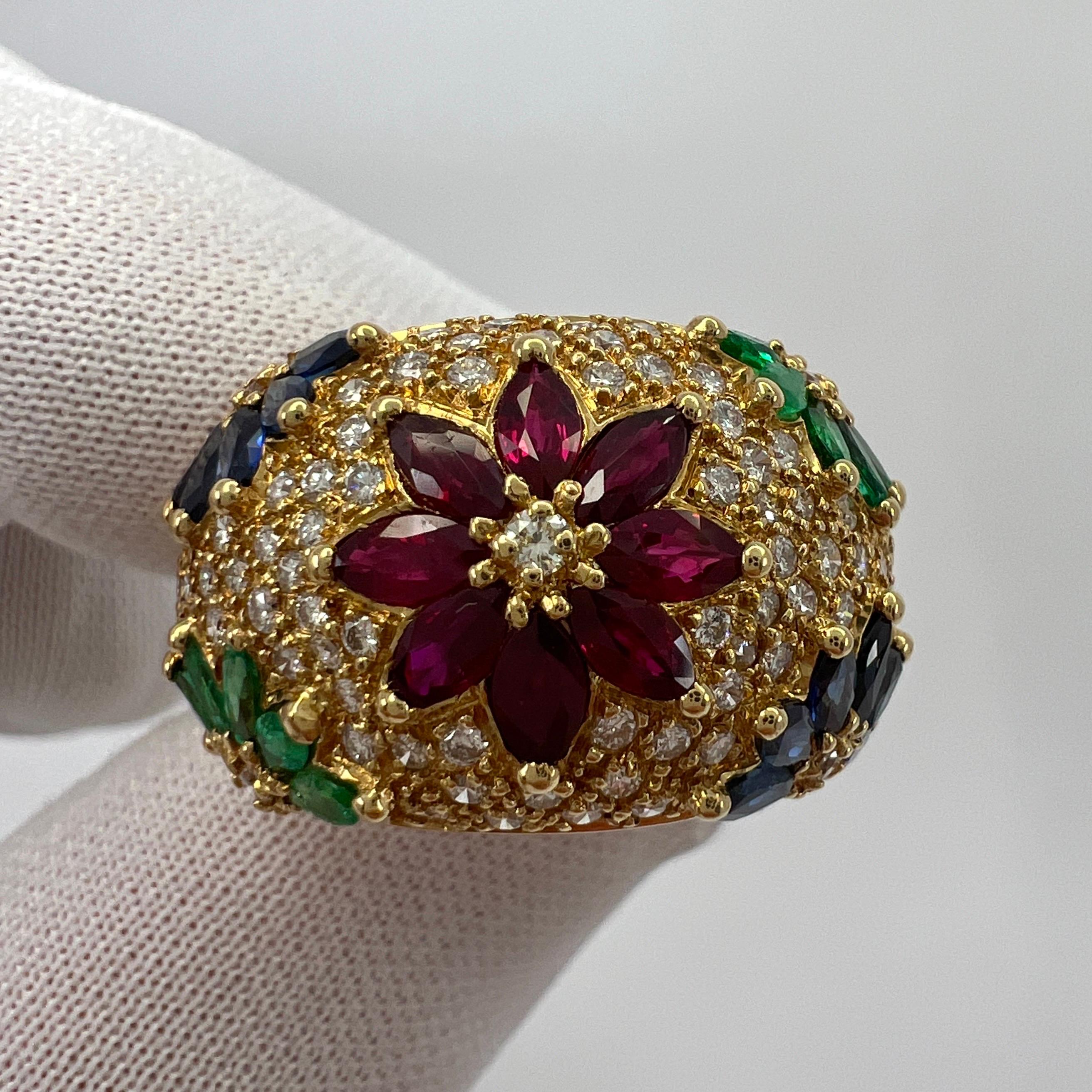 Fine 3.76tcw Ruby, Sapphire, Emerald And Diamond 18k Yellow Gold Tutti Frutti Dome Ring.

A beautifully made ring set with superbly matched and calibrated coloured stones of excellent quality. Set in a radiating, flower style marquise