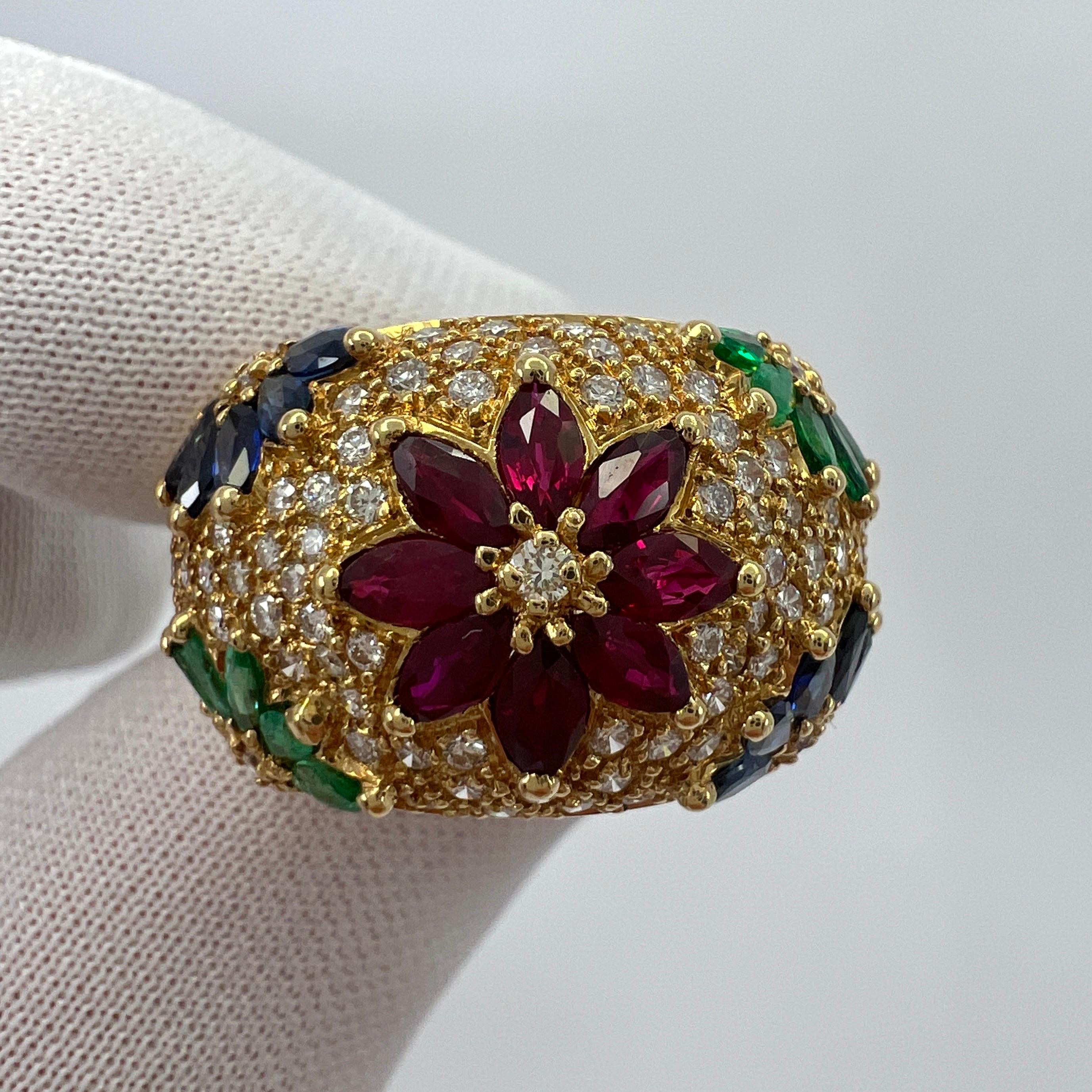 Marquise Cut 3.76ct Fine Tutti Frutti Ruby Sapphire Emerald Diamond 18k Yellow Gold Dome Ring