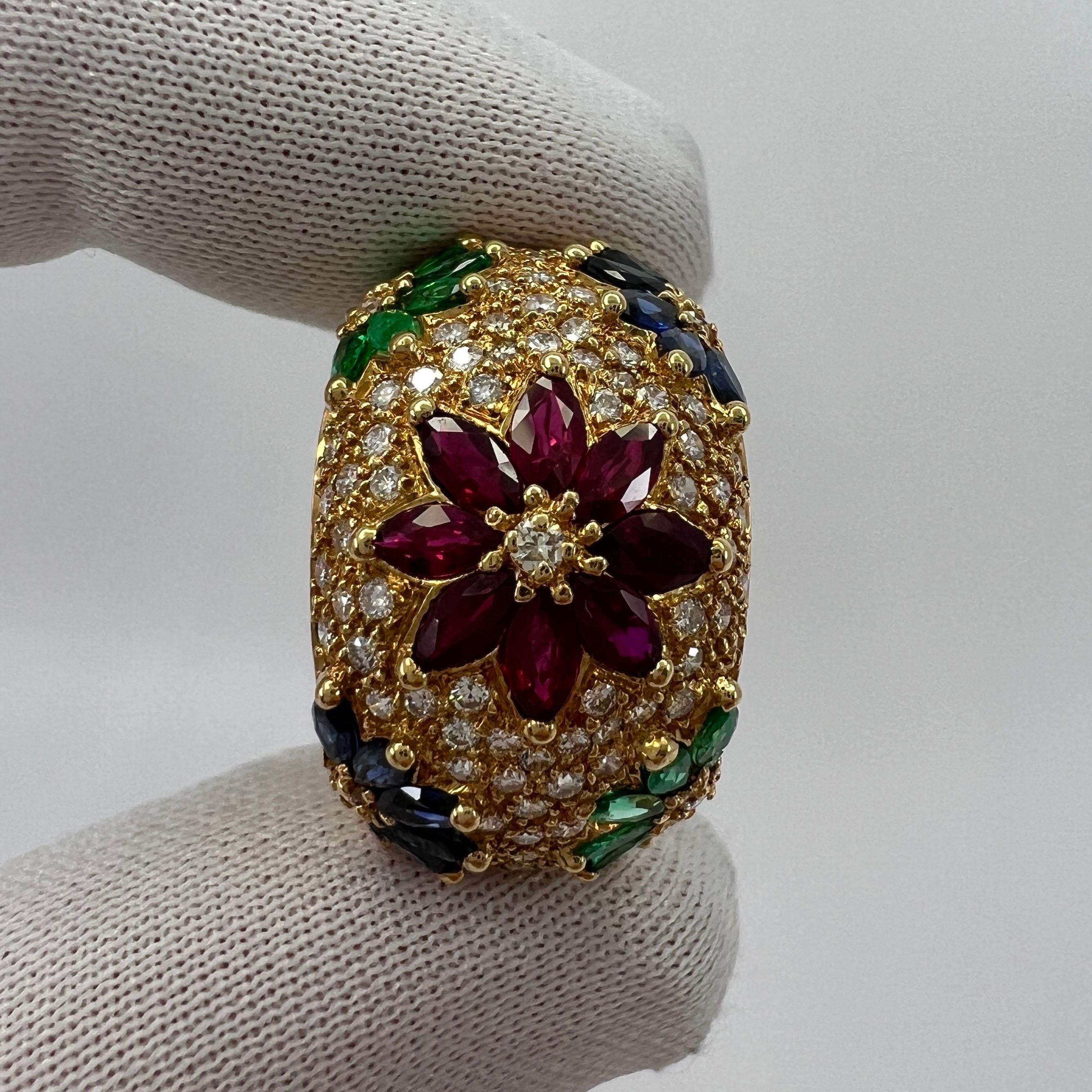 3.76ct Fine Tutti Frutti Ruby Sapphire Emerald Diamond 18k Yellow Gold Dome Ring In Excellent Condition In Birmingham, GB