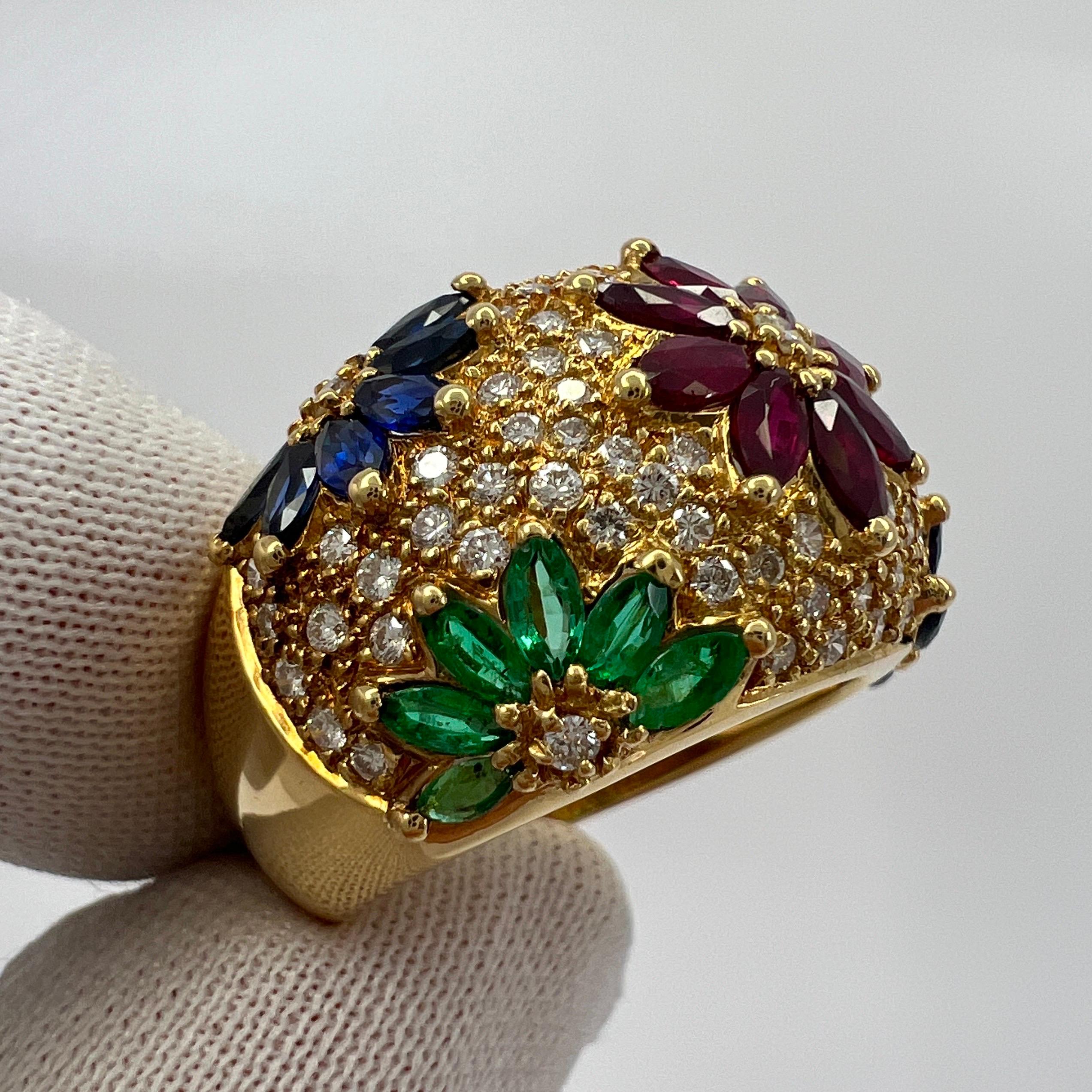 Women's or Men's 3.76ct Fine Tutti Frutti Ruby Sapphire Emerald Diamond 18k Yellow Gold Dome Ring