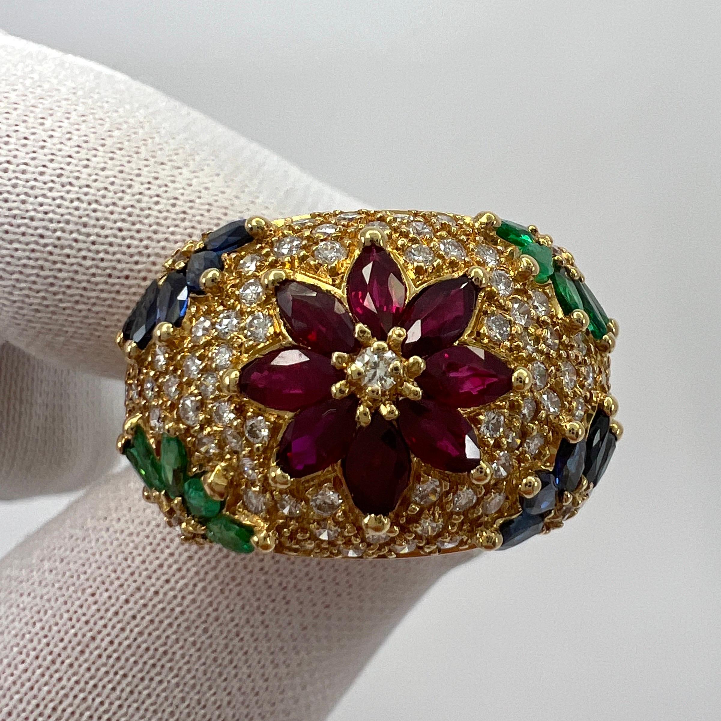 3.76ct Fine Tutti Frutti Ruby Sapphire Emerald Diamond 18k Yellow Gold Dome Ring 1