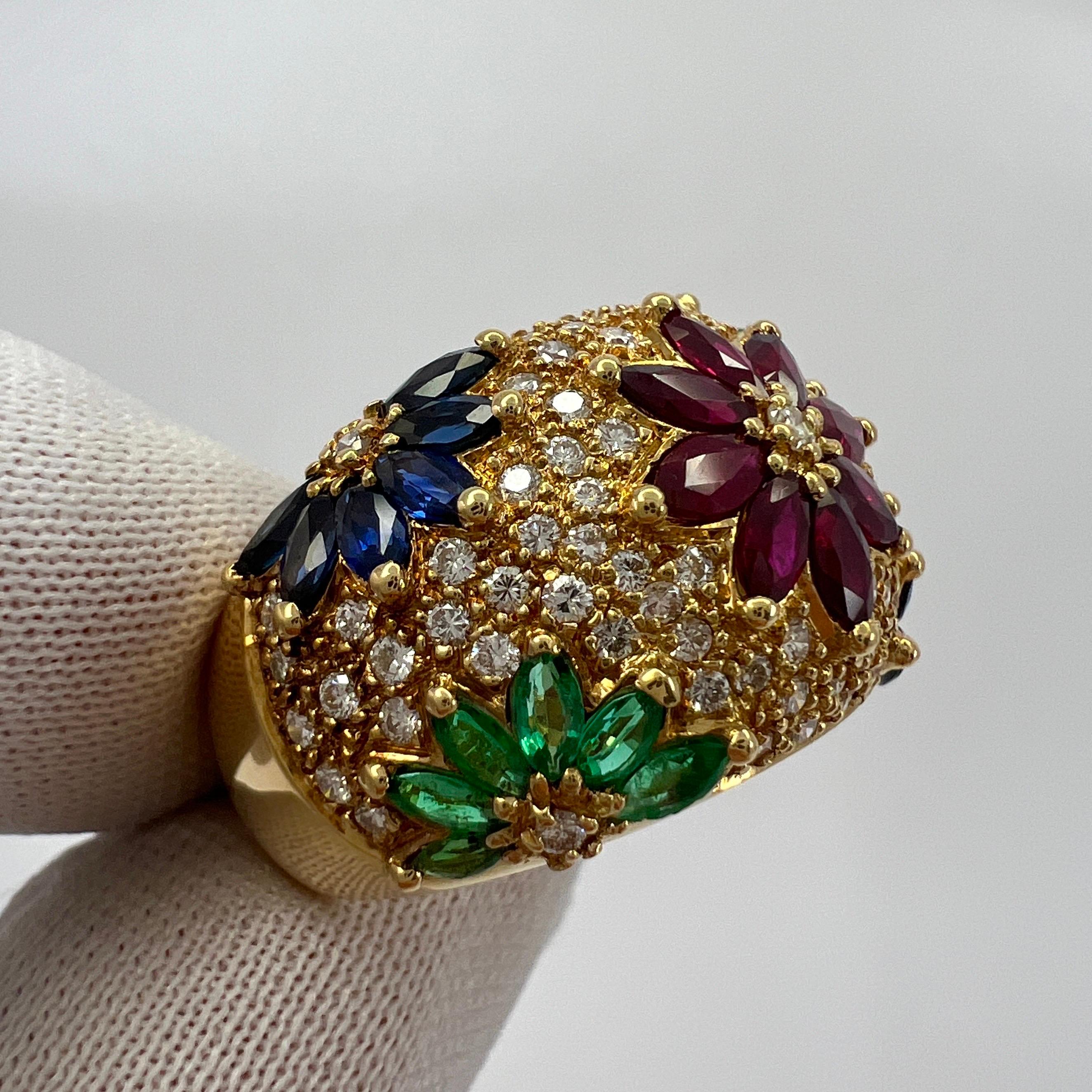 3.76ct Fine Tutti Frutti Ruby Sapphire Emerald Diamond 18k Yellow Gold Dome Ring 2