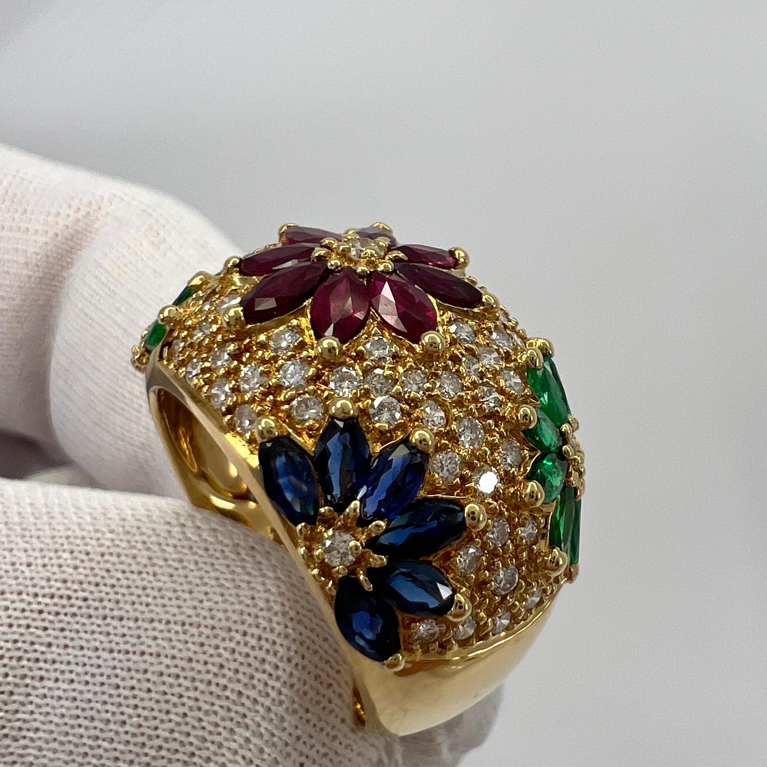3.76ct Fine Tutti Frutti Ruby Sapphire Emerald Diamond 18k Yellow Gold Dome Ring 3
