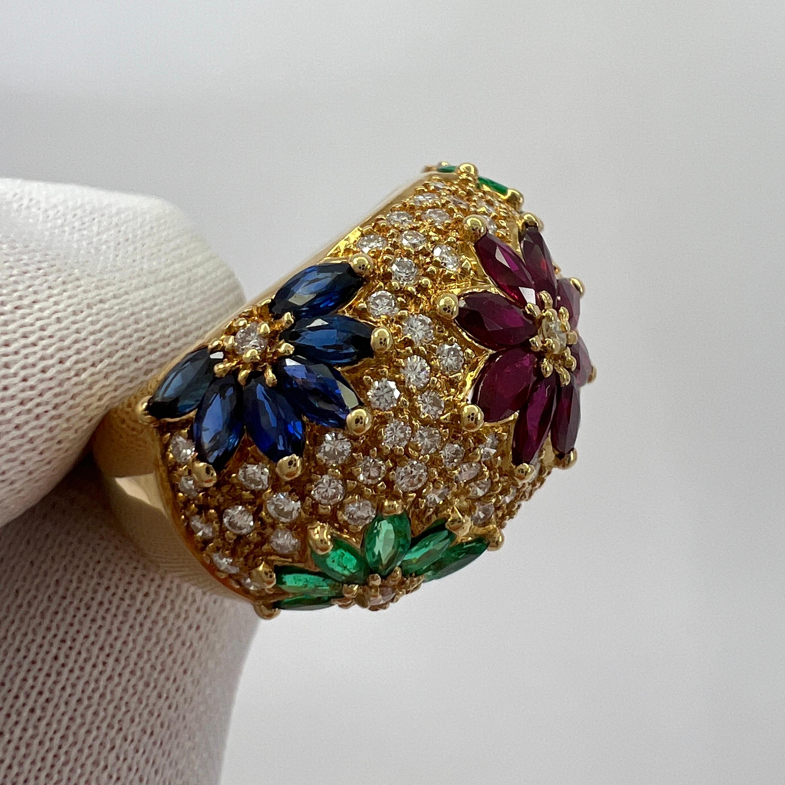 3.76ct Fine Tutti Frutti Ruby Sapphire Emerald Diamond 18k Yellow Gold Dome Ring 4