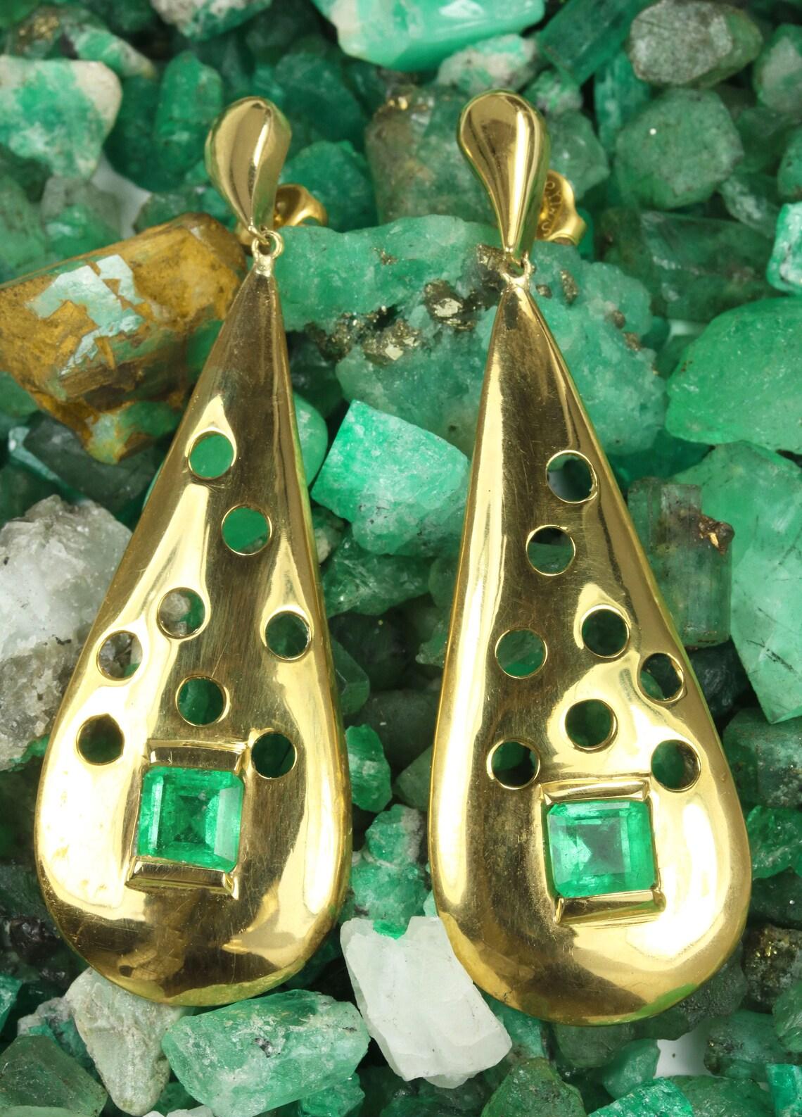 Emerald Cut 3.76ct Natural Square Cut Emerald Dangle Earrings 14K Yellow Gold Drop Earrings For Sale