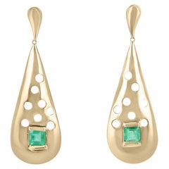 3.76ct Natural Square Cut Emerald Dangle Earrings 14K Yellow Gold Drop Earrings