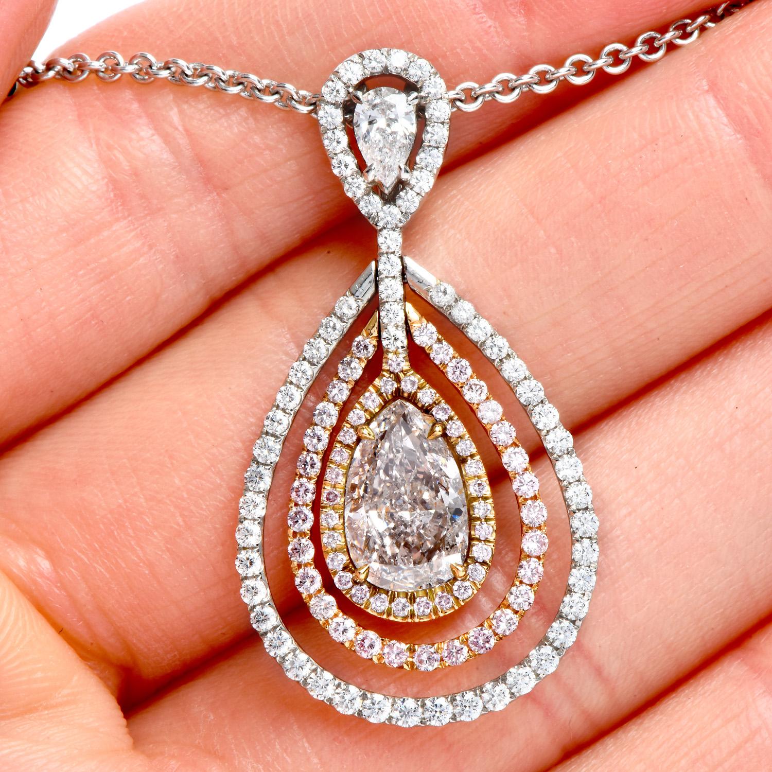 Pear Cut 3.76cts GIA Natural Light Pink Platinum18k Diamond Necklace Pendant For Sale