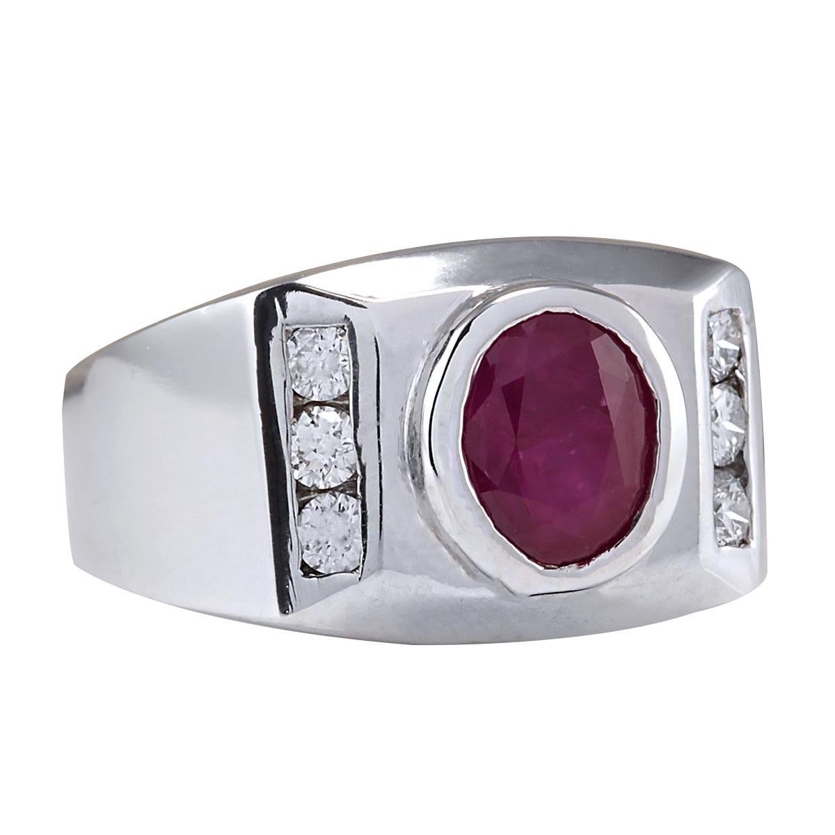 Stamped: 14K White Gold
Total Ring Weight: 14.0 Grams
Total Natural Ruby Weight is 3.27 Carat (Measures: 9.00x7.00 mm)
Color: Red
Total Natural Diamond Weight is 0.50 Carat
Color: F-G, Clarity: VS2-SI1
Face Measures: 13.10x18.60 mm
Sku: [702145W]
