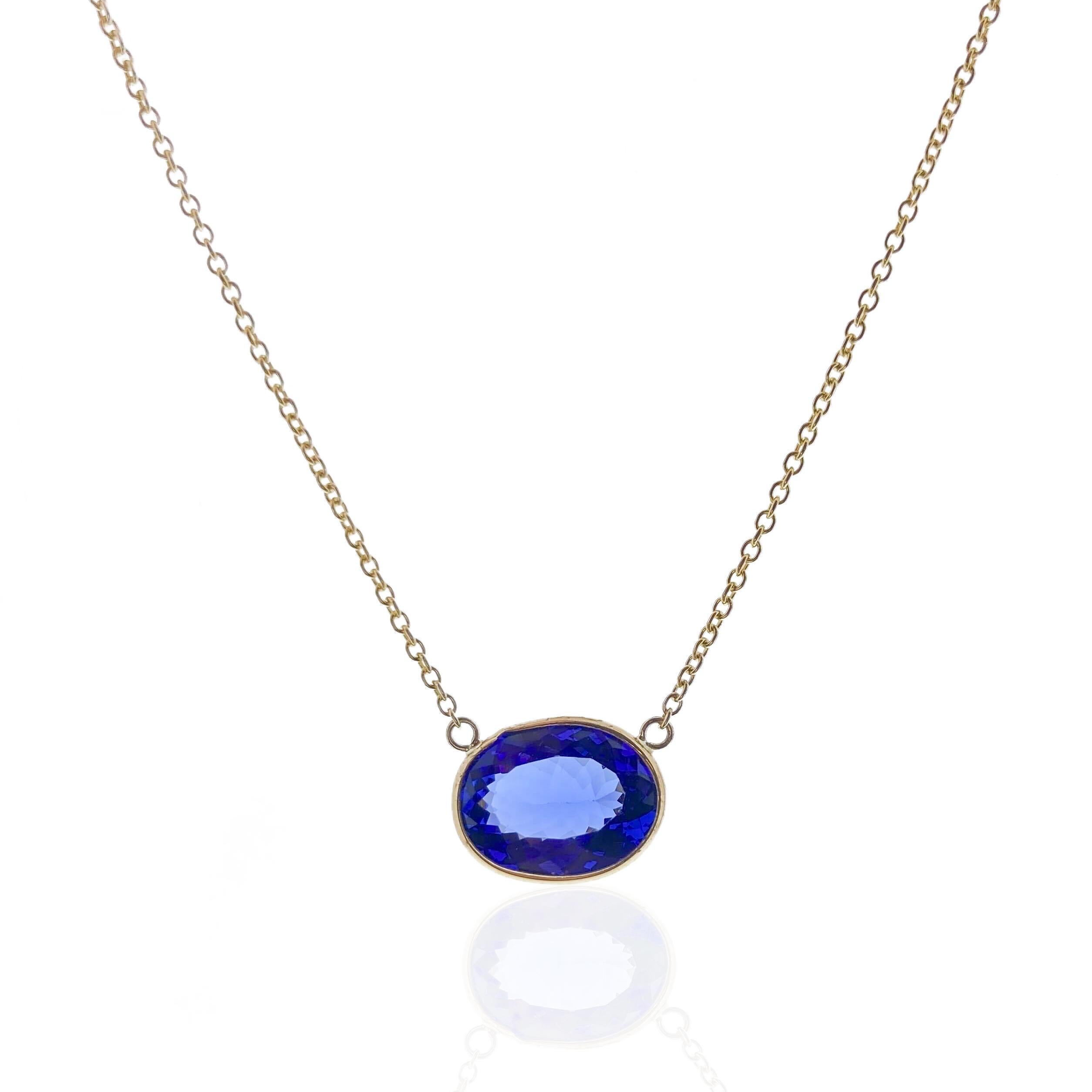 Contemporary 3.77 Carat Oval Blue Tanzanite Fashion Necklaces In 14k Yellow Gold  For Sale
