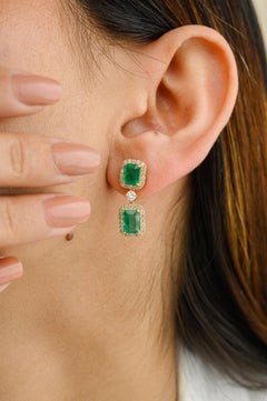 3.77 Carat Emerald May Birthstone Halo Diamond 18k Yellow Gold Dangle Earrings