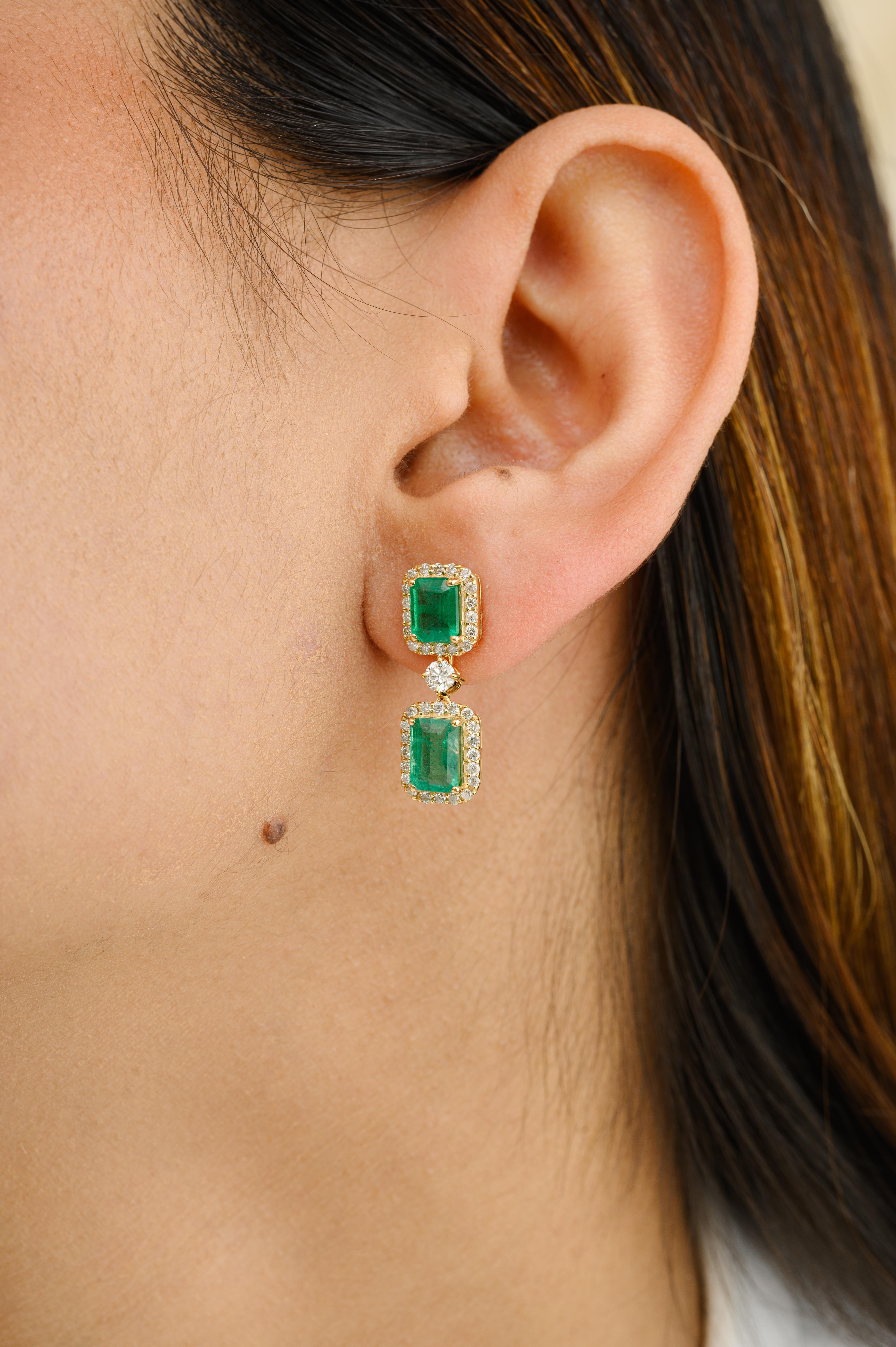 Octagon Cut 3.77 Carat Emerald May Birthstone Halo Diamond 18k Yellow Gold Dangle Earrings For Sale