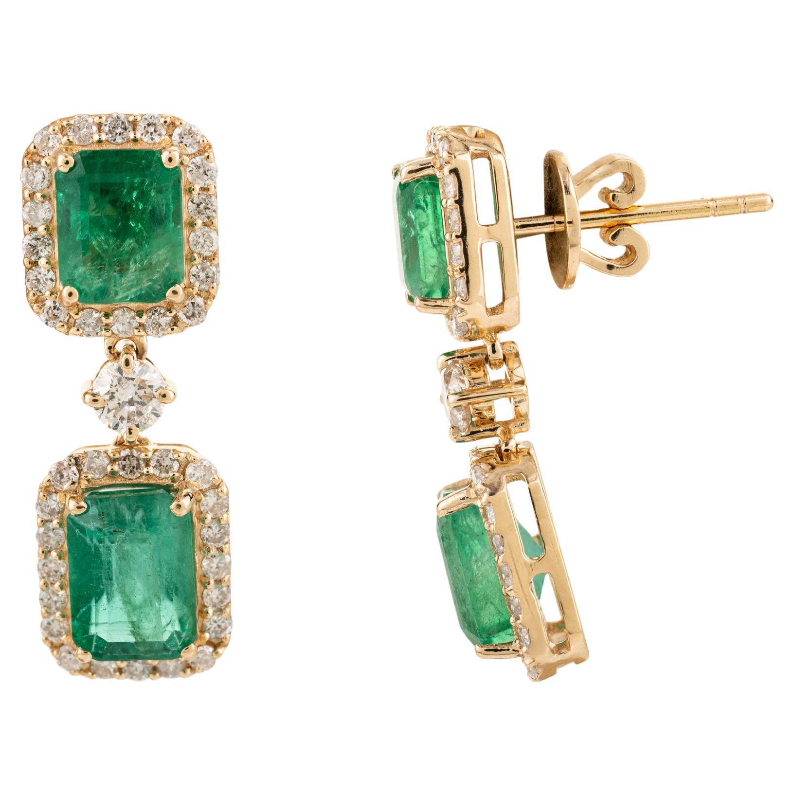 3.77 Carat Emerald May Birthstone Halo Diamond 18k Yellow Gold Dangle Earrings For Sale
