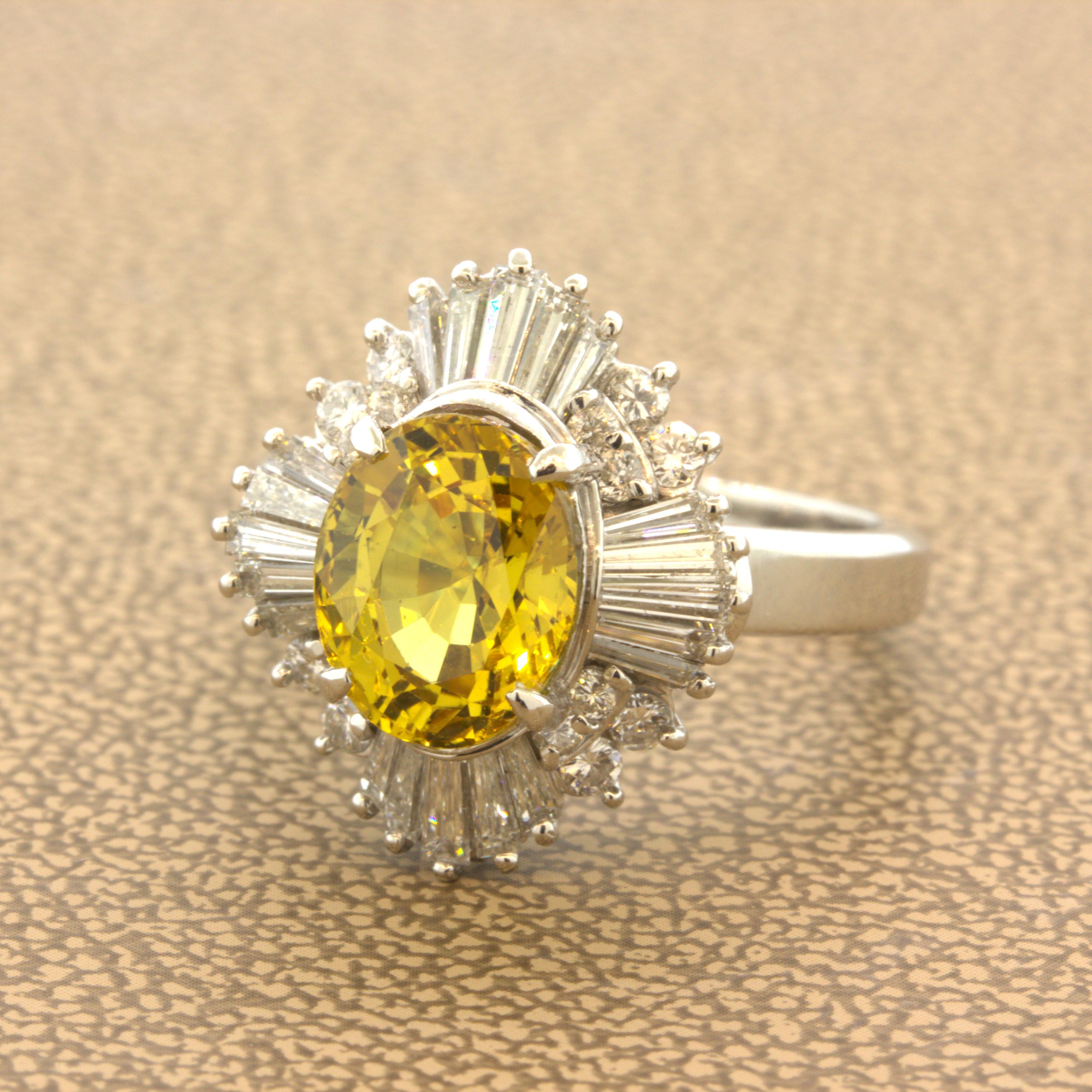 3.77 Carat Yellow-Sapphire Diamond Sunburst Platinum Ring

A lovely gemstone ring featuring a 3.77 carats yellow sapphire. It has a bright and rich vivid yellow color that glows in the light. The stone is completely clean allowing for the bright