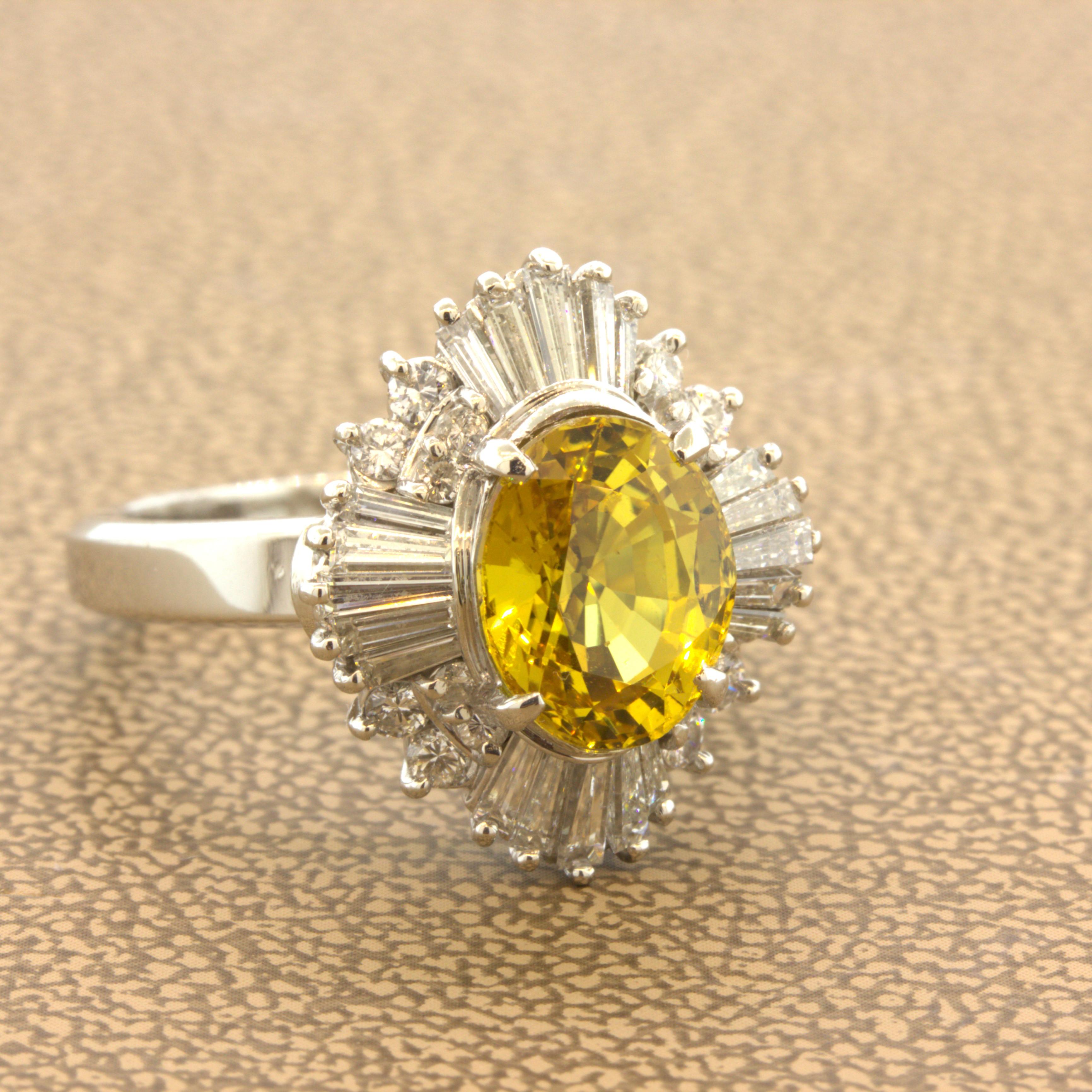 Mixed Cut 3.77 Carat Yellow-Sapphire Diamond Sunburst Platinum Ring For Sale