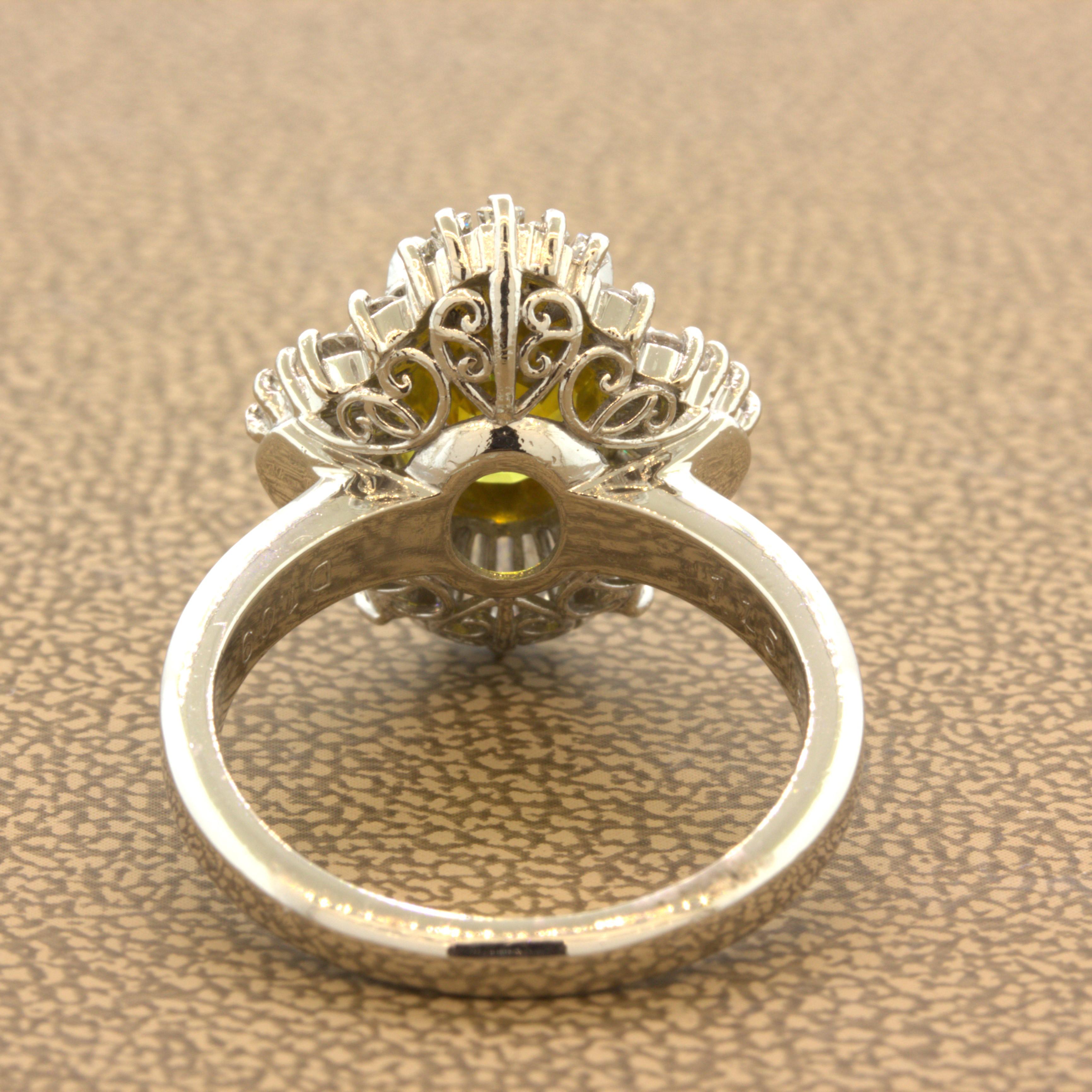 Women's 3.77 Carat Yellow-Sapphire Diamond Sunburst Platinum Ring For Sale