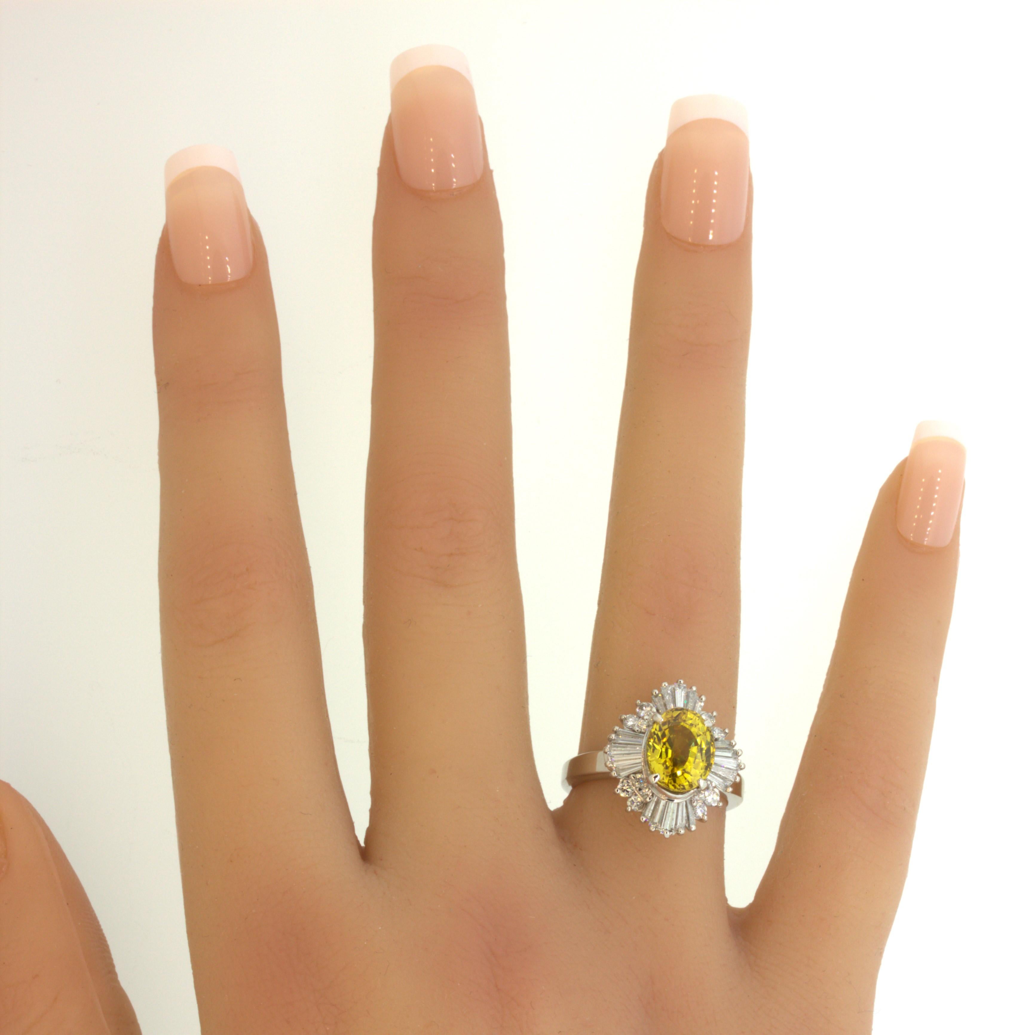 3.77 Carat Yellow-Sapphire Diamond Sunburst Platinum Ring For Sale 1