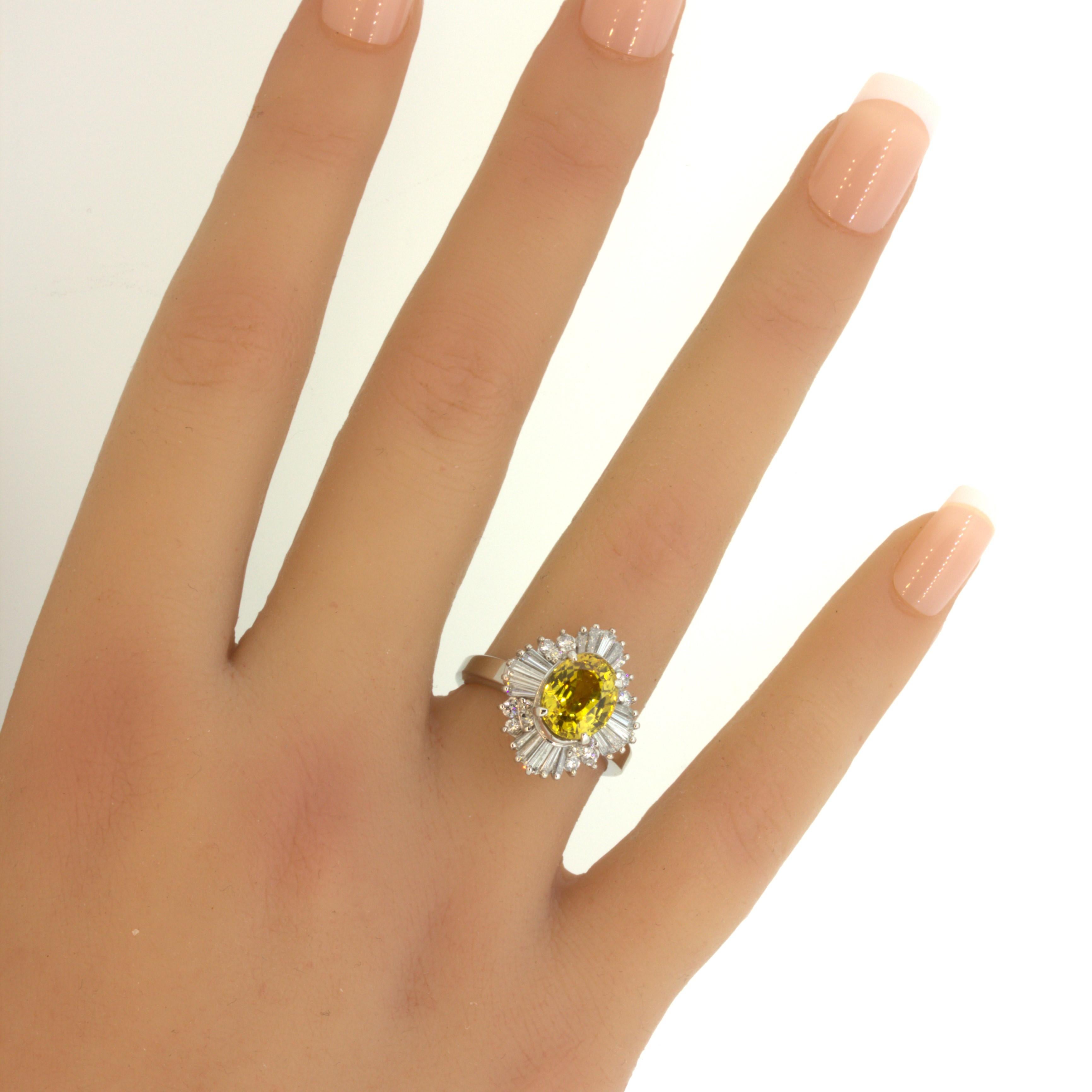 3.77 Carat Yellow-Sapphire Diamond Sunburst Platinum Ring For Sale 2
