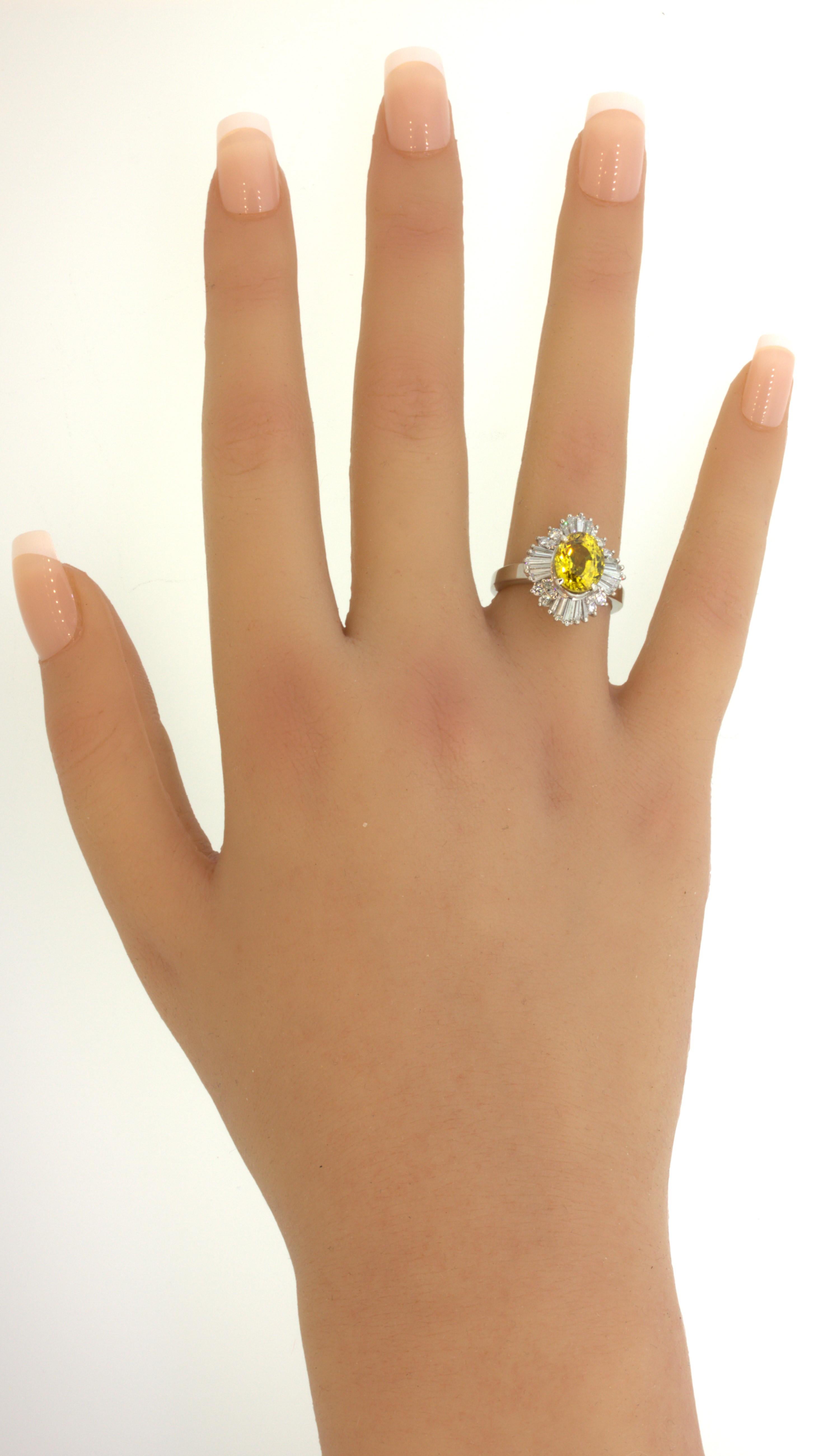3.77 Carat Yellow-Sapphire Diamond Sunburst Platinum Ring For Sale 3
