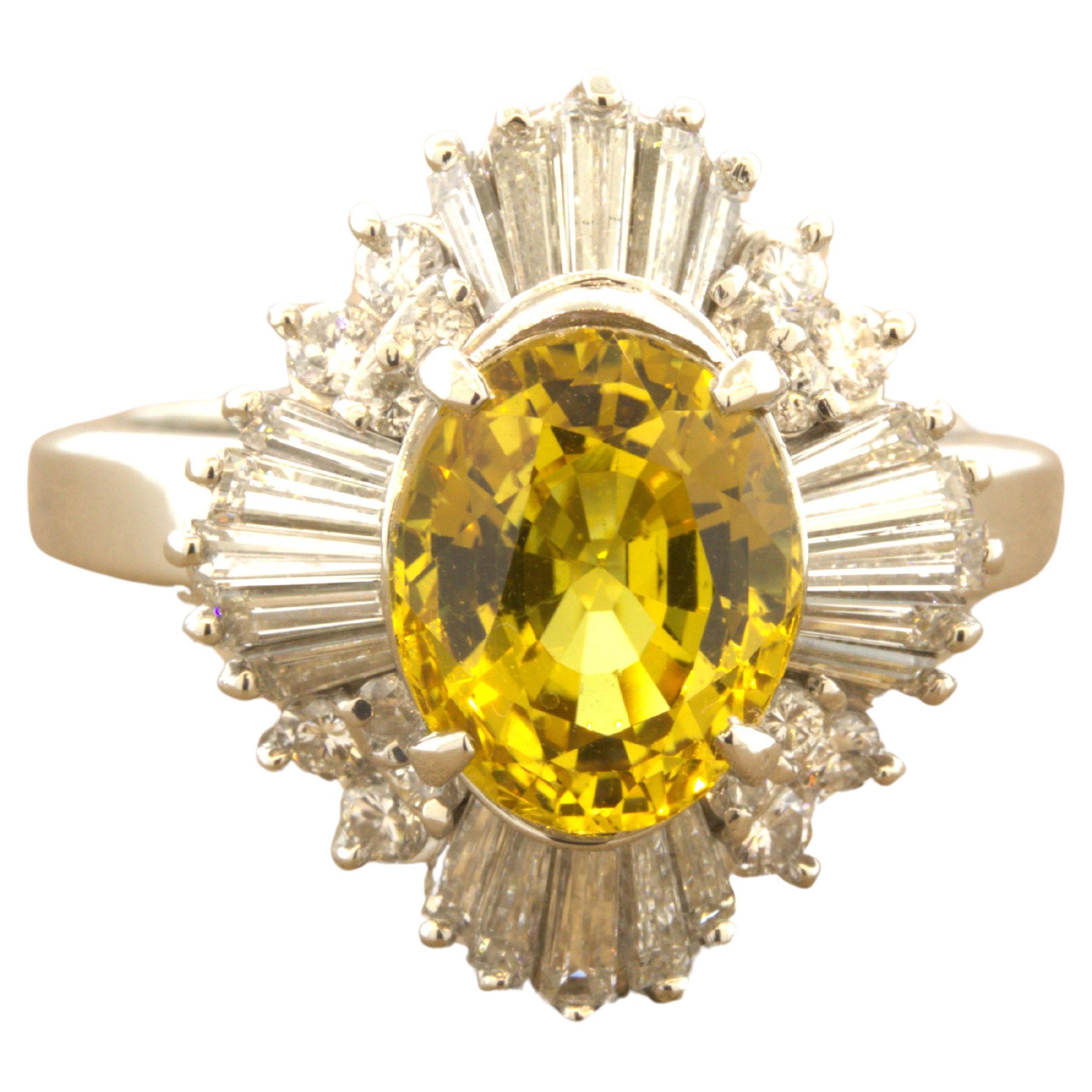 3.77 Carat Yellow-Sapphire Diamond Sunburst Platinum Ring For Sale
