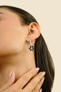 3.77 CT Natural Blue Sapphire & Diamond Floral Drop Earrings in 14K Yellow Gold
