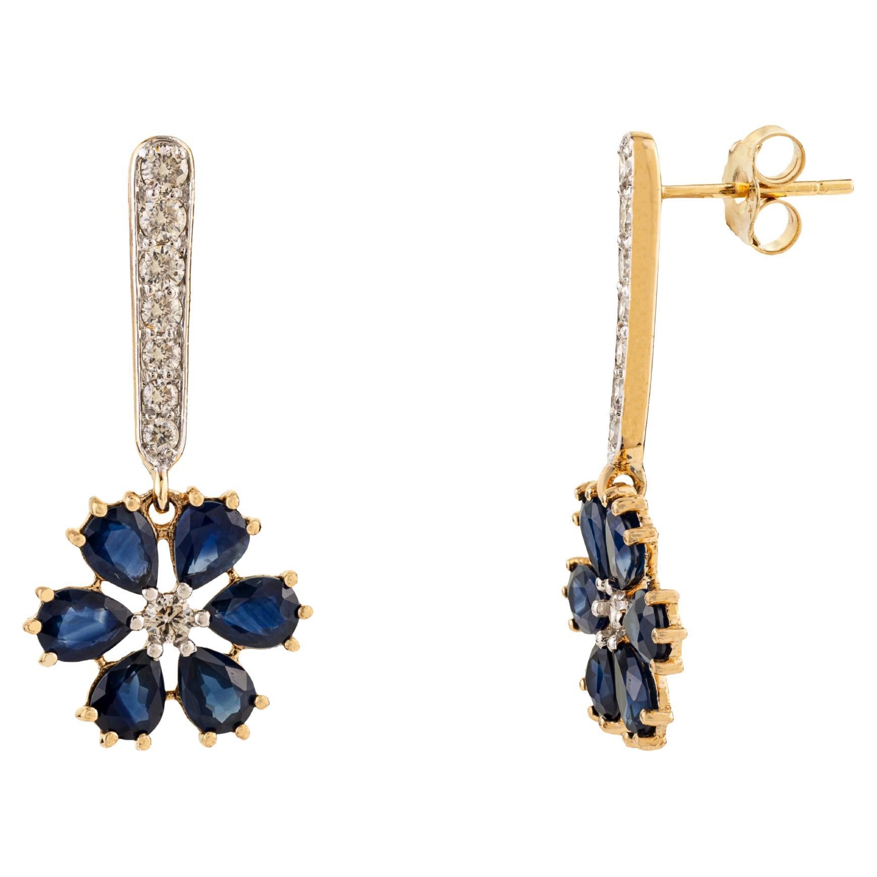 Boucles d
oreilles pendantes florales en or jaune 14 carats, saphir bleu naturel 3,77 CT et diamant