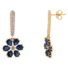 3.77 CT Natural Blue Sapphire 
Diamond Floral Drop Earrings in 14K Yellow Gold