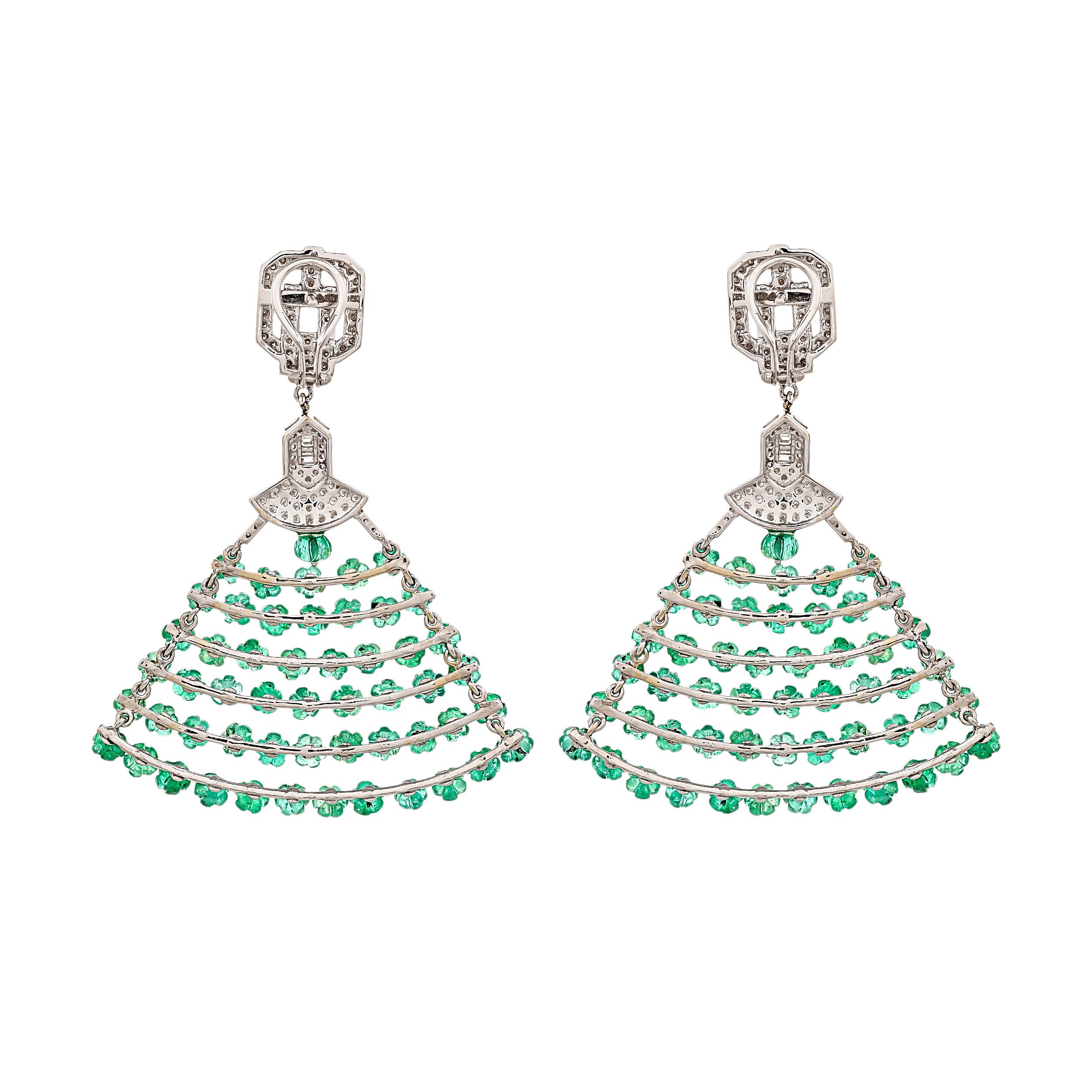 Modern 37.71 Carat Emerald Melon Beads and Diamond 18kt White Gold Earrings For Sale