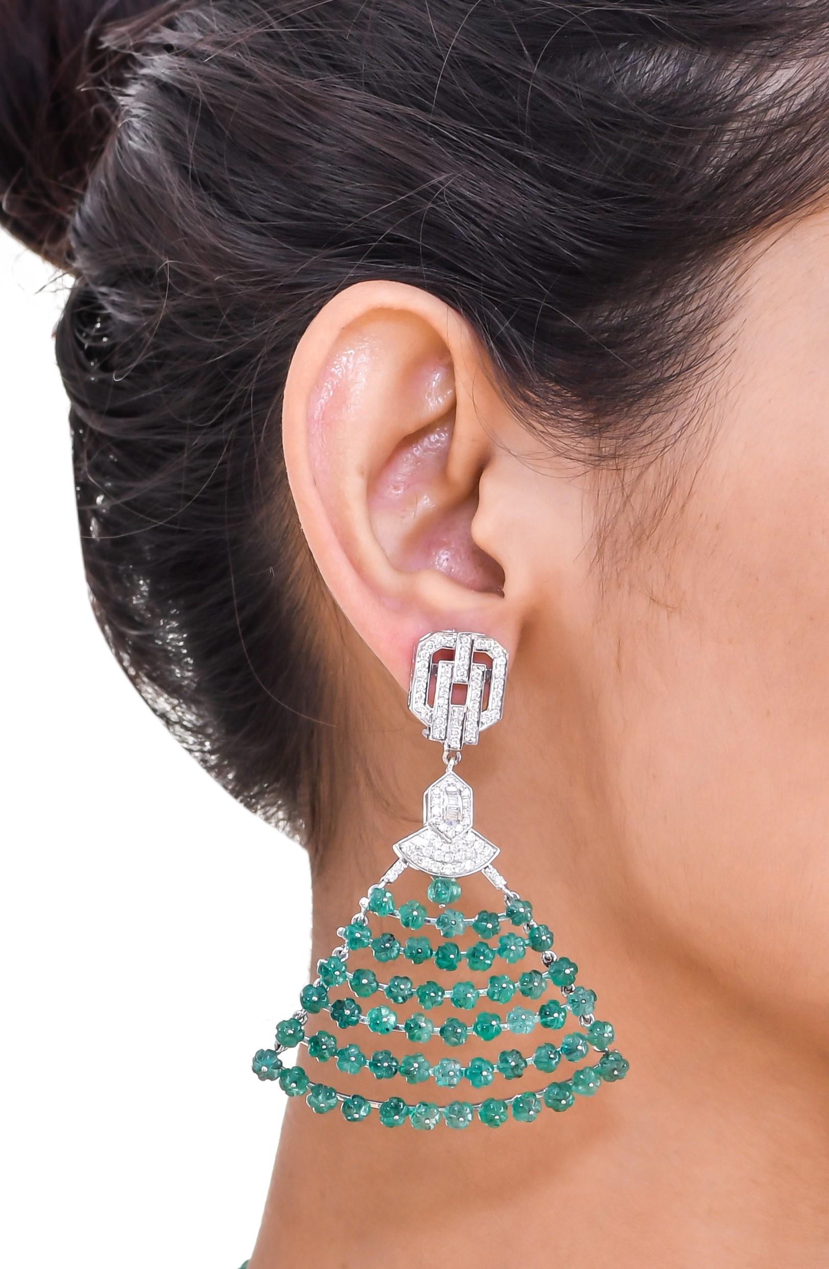 37.71 Carat Emerald Melon Beads and Diamond 18kt White Gold Earrings In New Condition For Sale In Jaipur, Jaipur
