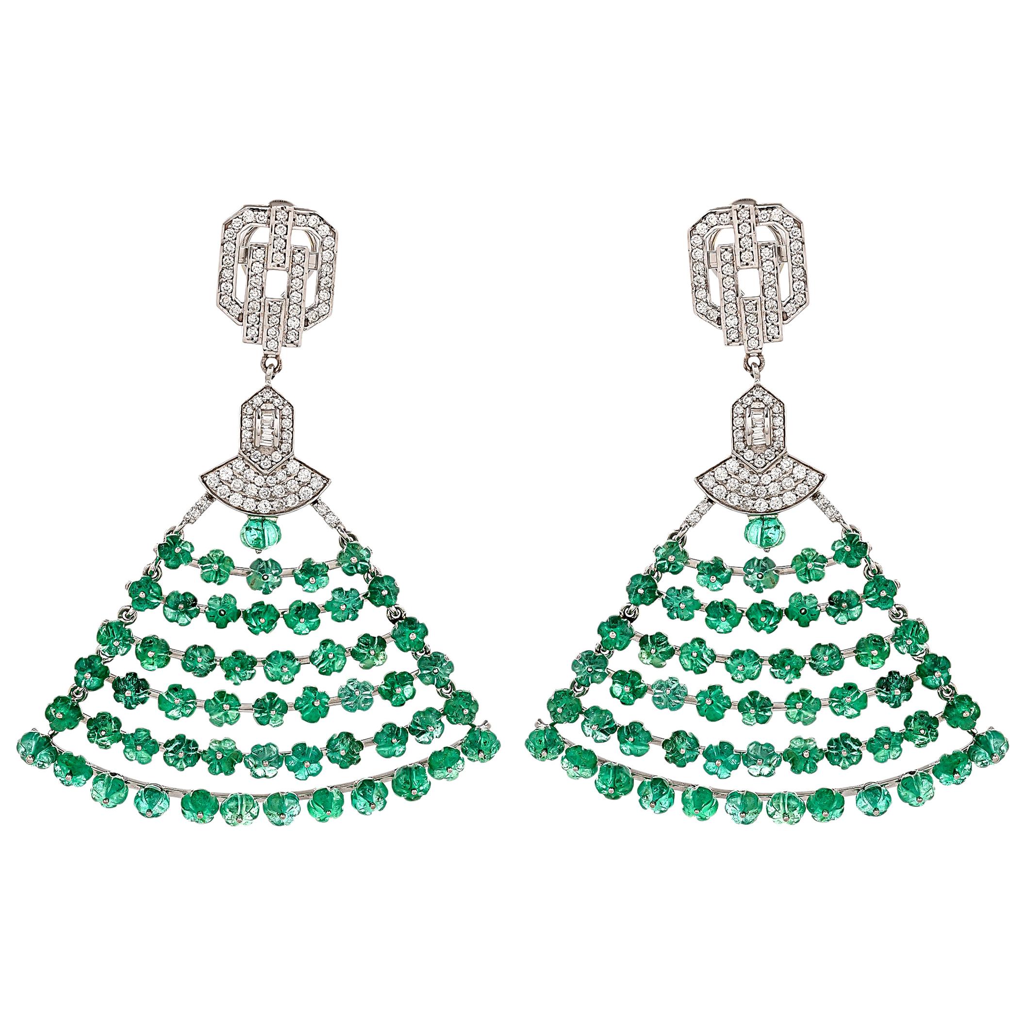 37.71 Carat Emerald Melon Beads and Diamond 18kt White Gold Earrings For Sale