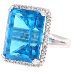 37.72 Carat Blue Topaz Diamond 14 Karat White Gold Cocktail Ring