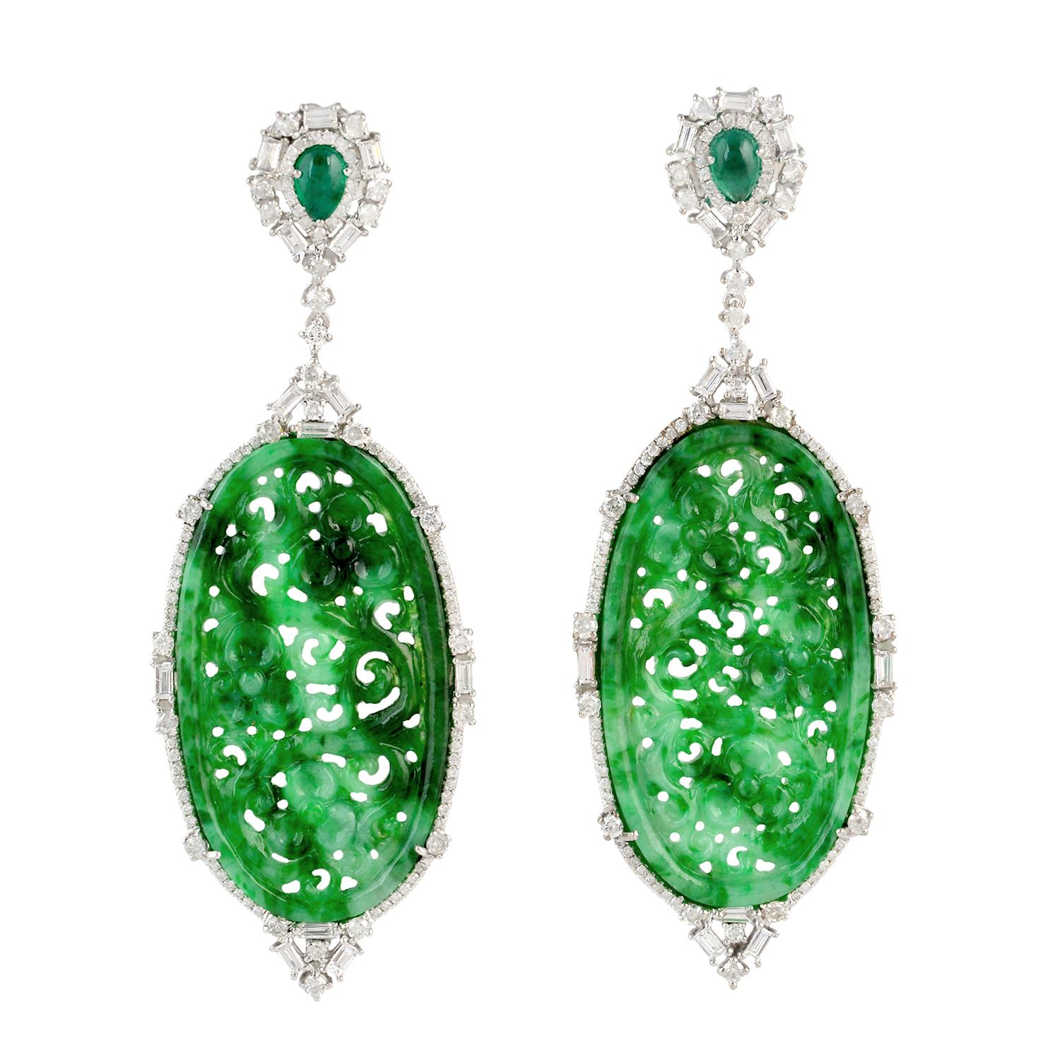 Mixed Cut 37.76ct Carved jade Dangle Earrings With Diamonds & Emerald In 18k White Gold For Sale