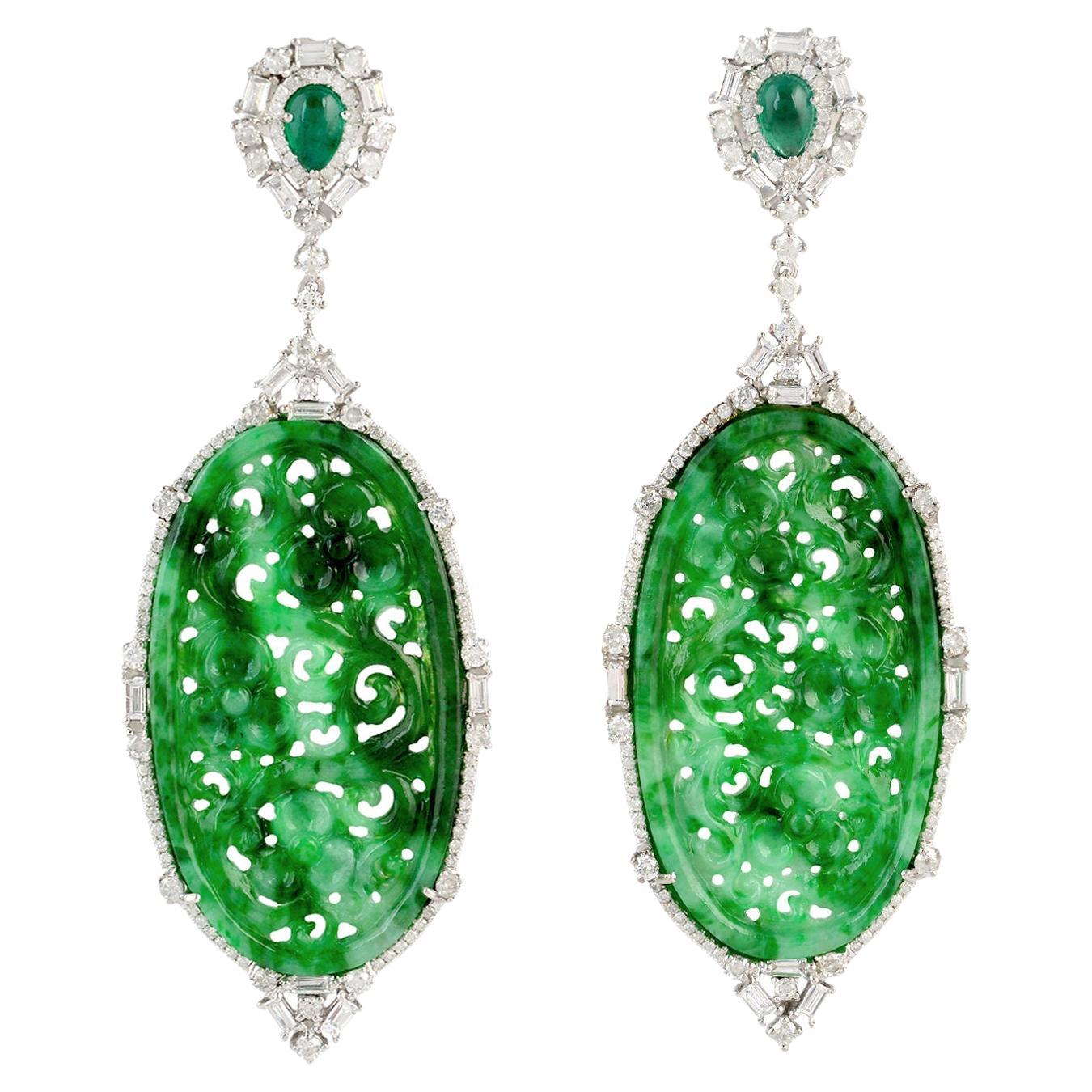 37.76ct Carved jade Dangle Earrings With Diamonds & Emerald In 18k White Gold