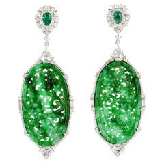 37.76ct Carved jade Dangle Earrings With Diamonds & Emerald In 18k White Gold