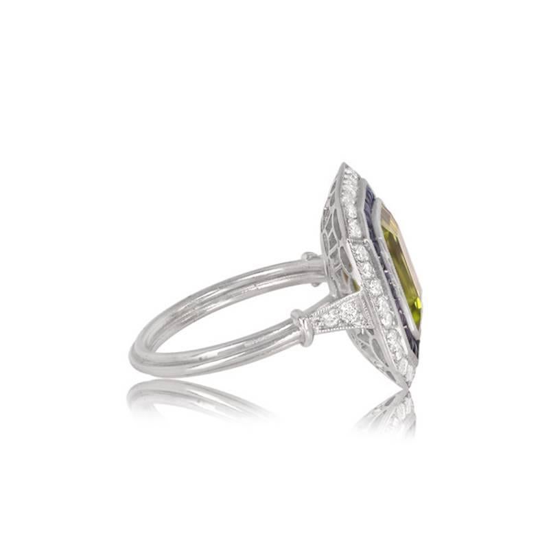 Art Deco 3.77ct Emerald Cut Peridot Cocktail Ring, Diamond & Sapphire Halo, Platinum For Sale
