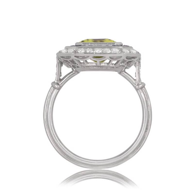 Women's 3.77ct Emerald Cut Peridot Cocktail Ring, Diamond & Sapphire Halo, Platinum For Sale